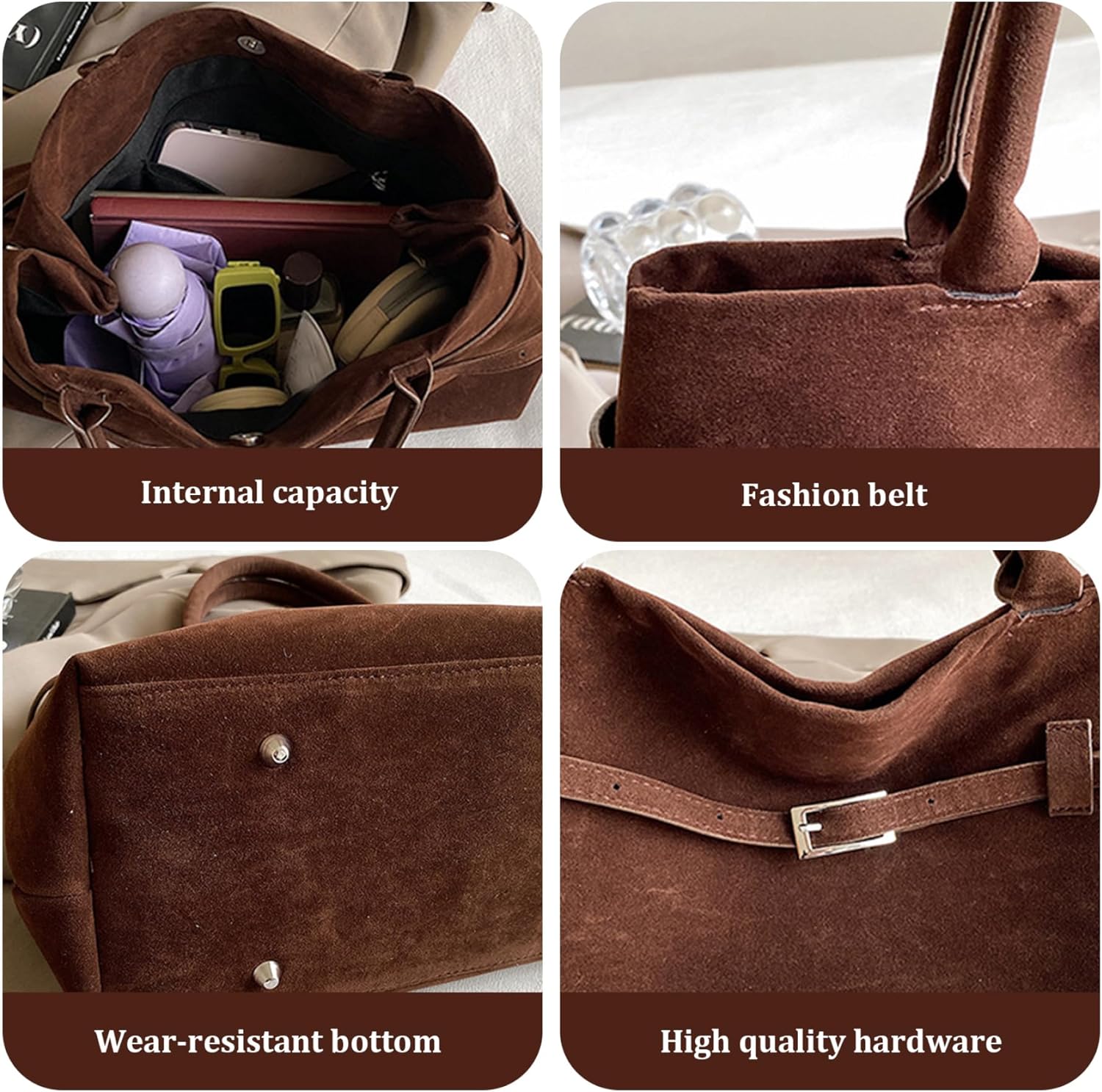 Suede Tote Bag Women Retro Dark Brown Faux Leather Tote Bag Slouchy Suede Bag with Handle Large Capacity Tote Bags for Daily Work Travel Shopping - Image 3