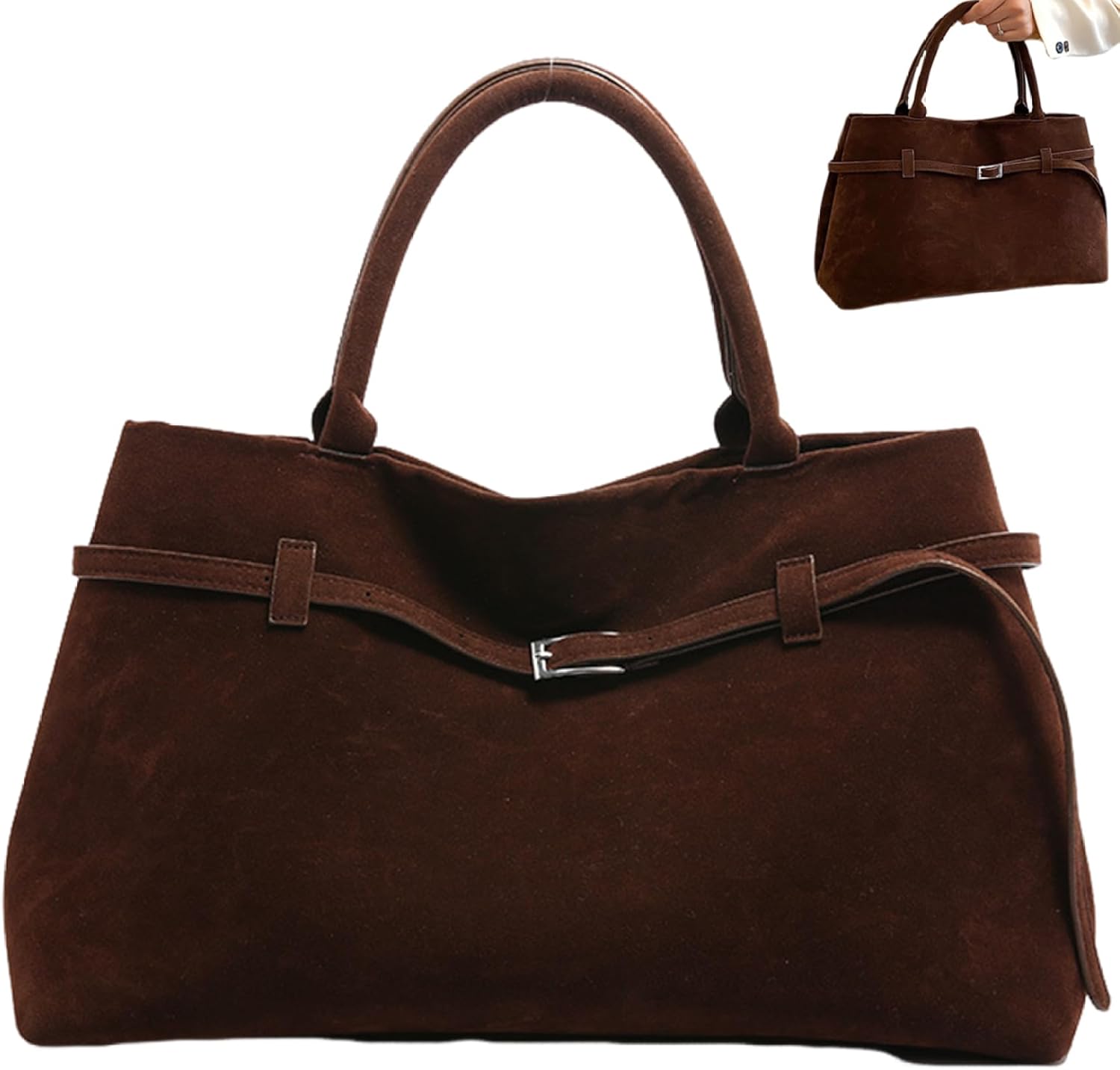 Suede Tote Bag Women Retro Dark Brown Faux Leather Tote Bag Slouchy Suede Bag with Handle Large Capacity Tote Bags for Daily Work Travel Shopping - Image 5