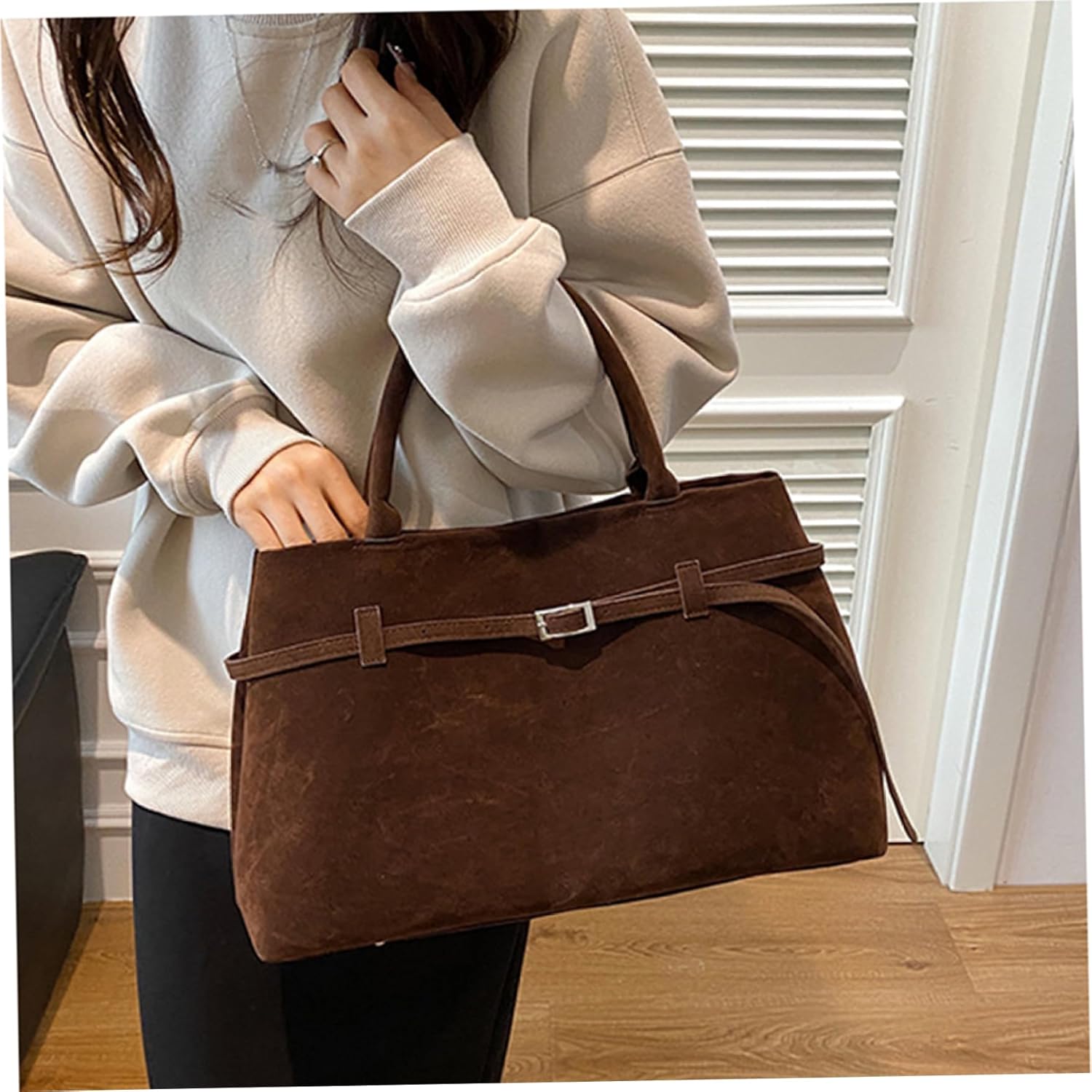 Suede Tote Bag Women Retro Dark Brown Faux Leather Tote Bag Slouchy Suede Bag with Handle Large Capacity Tote Bags for Daily Work Travel Shopping - Image 6