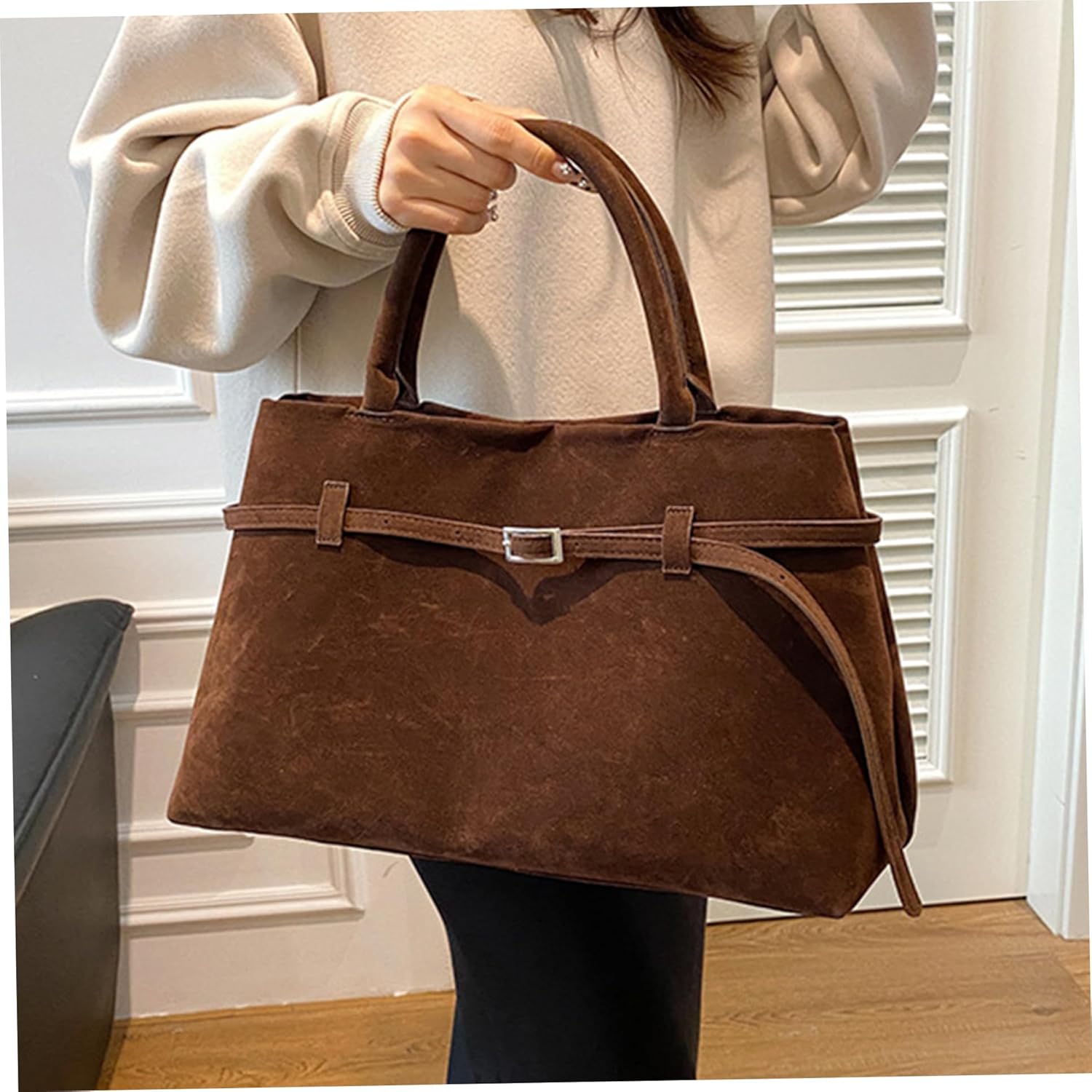 Suede Tote Bag Women Retro Dark Brown Faux Leather Tote Bag Slouchy Suede Bag with Handle Large Capacity Tote Bags for Daily Work Travel Shopping - Image 7