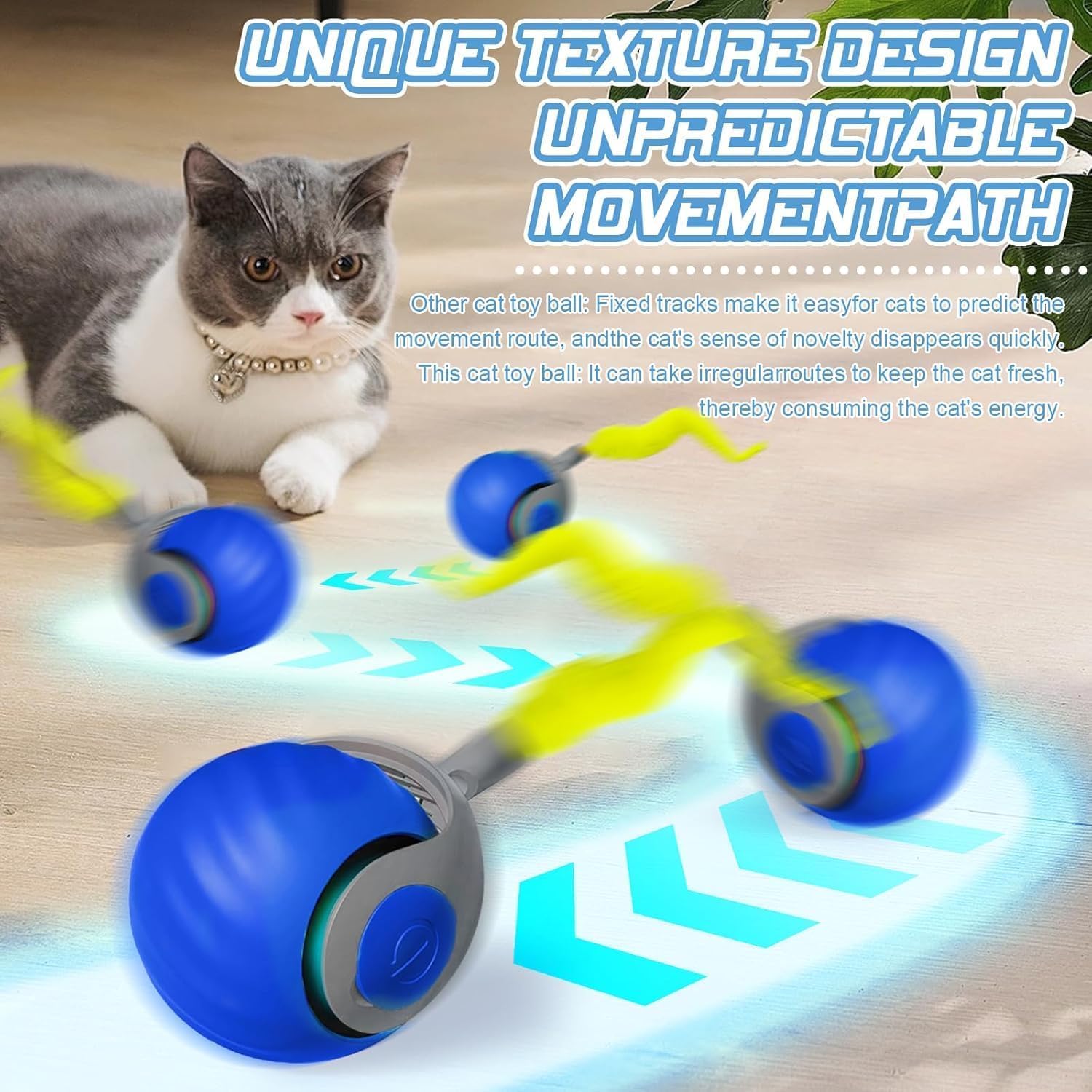 Speedy Ball with Tail Cat Toy, Smart Interactive Toy for Bored Indoor Cats 2 Speeds, Automatic Cat Rolling Ball 2.0 Enrichment Toys, USB Rechargeable Cat Ball，Motion Activated (Blue) - Image 2