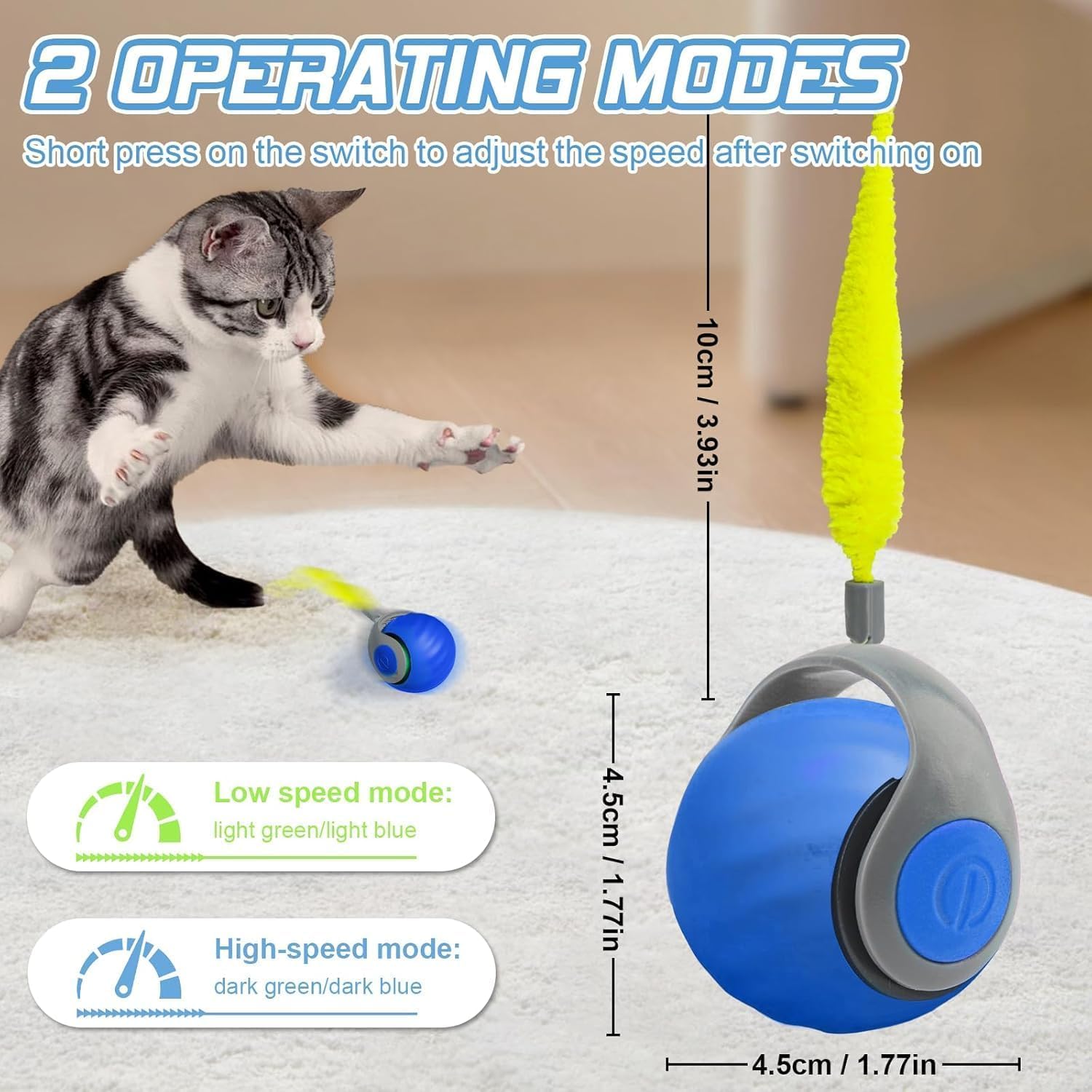 Speedy Ball with Tail Cat Toy, Smart Interactive Toy for Bored Indoor Cats 2 Speeds, Automatic Cat Rolling Ball 2.0 Enrichment Toys, USB Rechargeable Cat Ball，Motion Activated (Blue) - Image 3
