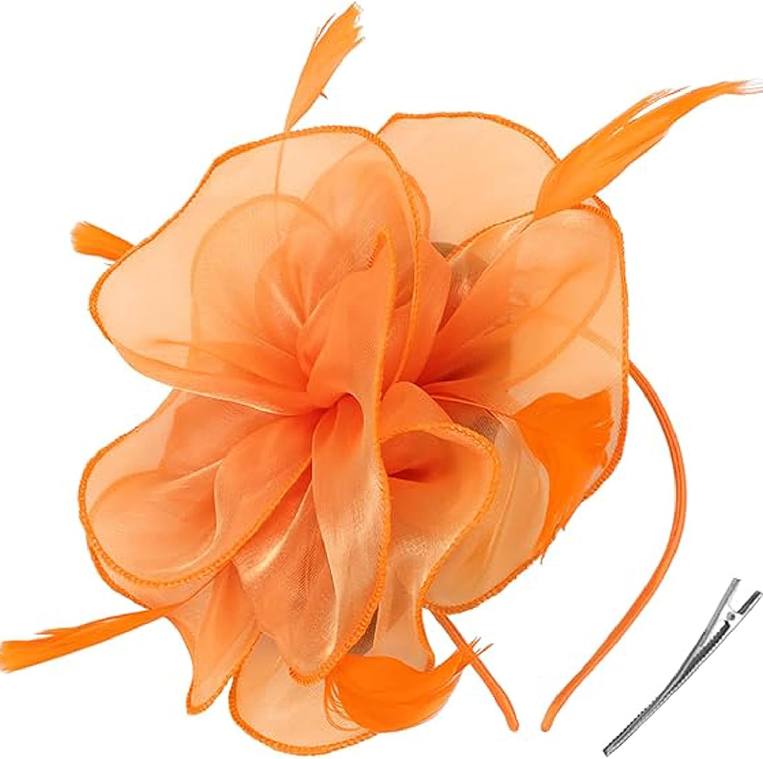 Fascinators Hat for Women Tea Party,Orange Feather Mesh Flower Fascinator with Headband and Clip Wedding Tea Party Derby Fascinator Hats - Image 1