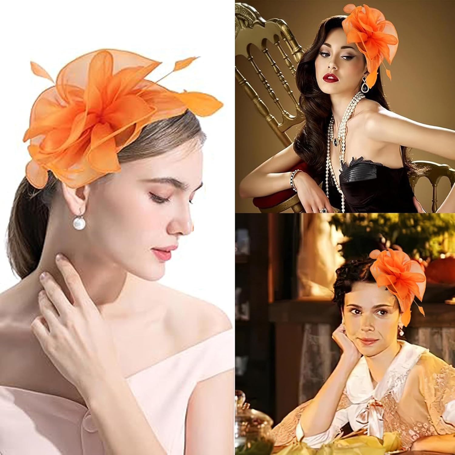 Fascinators Hat for Women Tea Party,Orange Feather Mesh Flower Fascinator with Headband and Clip Wedding Tea Party Derby Fascinator Hats - Image 2