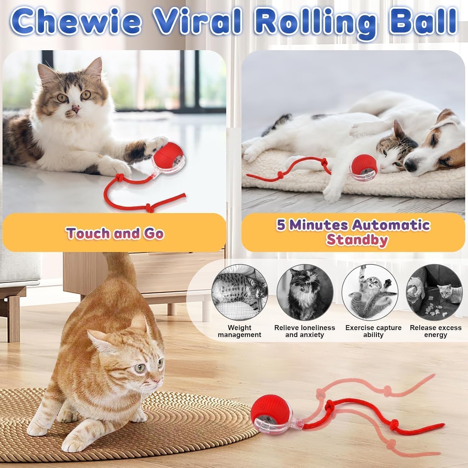 Interactive Rolling Dog Ball, Interactive Cat to-ys Rolling Ball Chewie Viral Dog Ball, Smart Automatic Rolling Pet Ball for Cats Dogs Motion Activated - Image 3