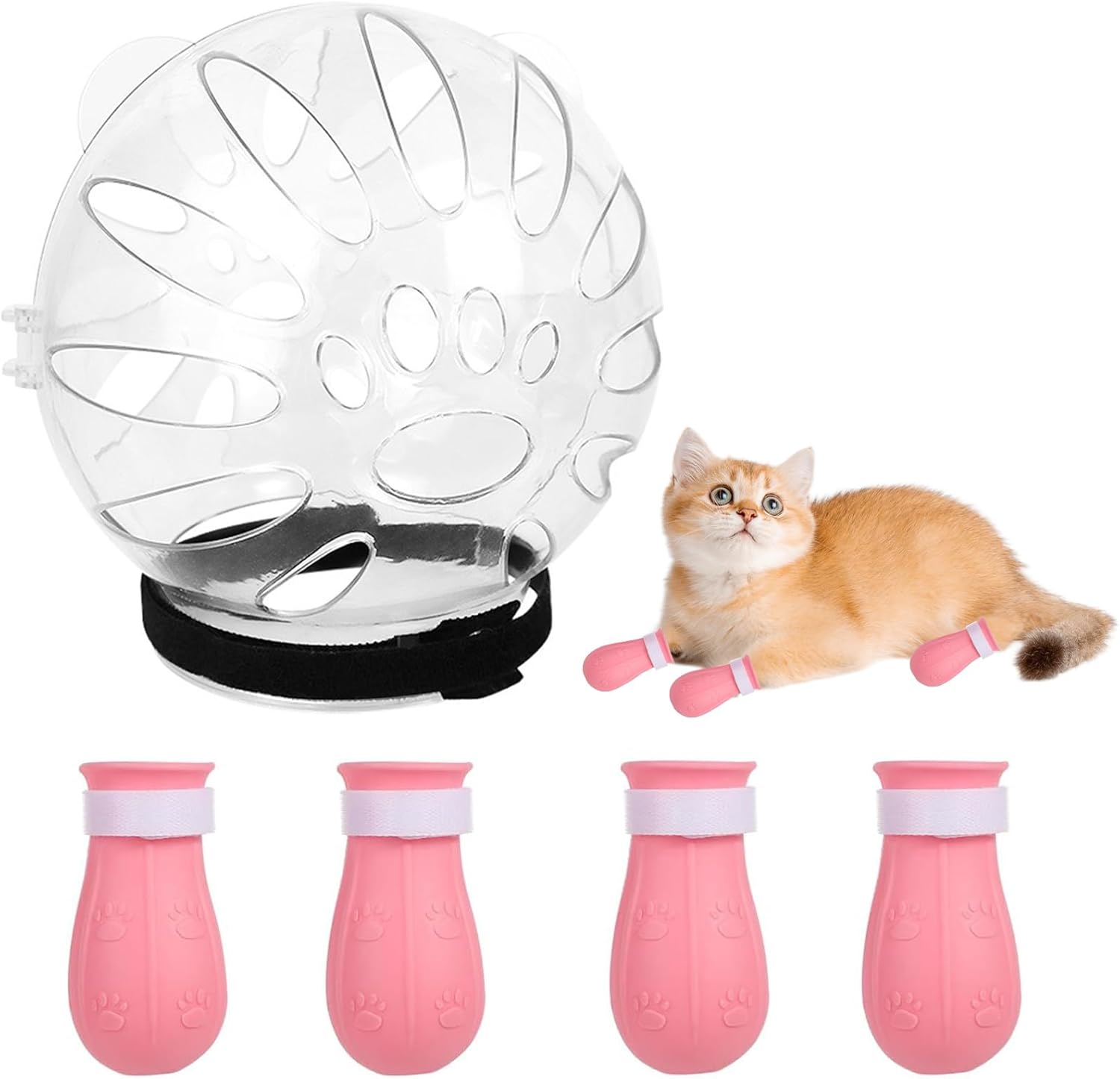 Cat Muzzle and Boots Set, Cat Transparent Muzzle Prevent from Cats Biting Chewing, Breathable Cat Adjustable Hood for Grooming, Adjustable Cat Anti-Scratch Foot Cover for Cats Bathing Nail Trimming - Image 1