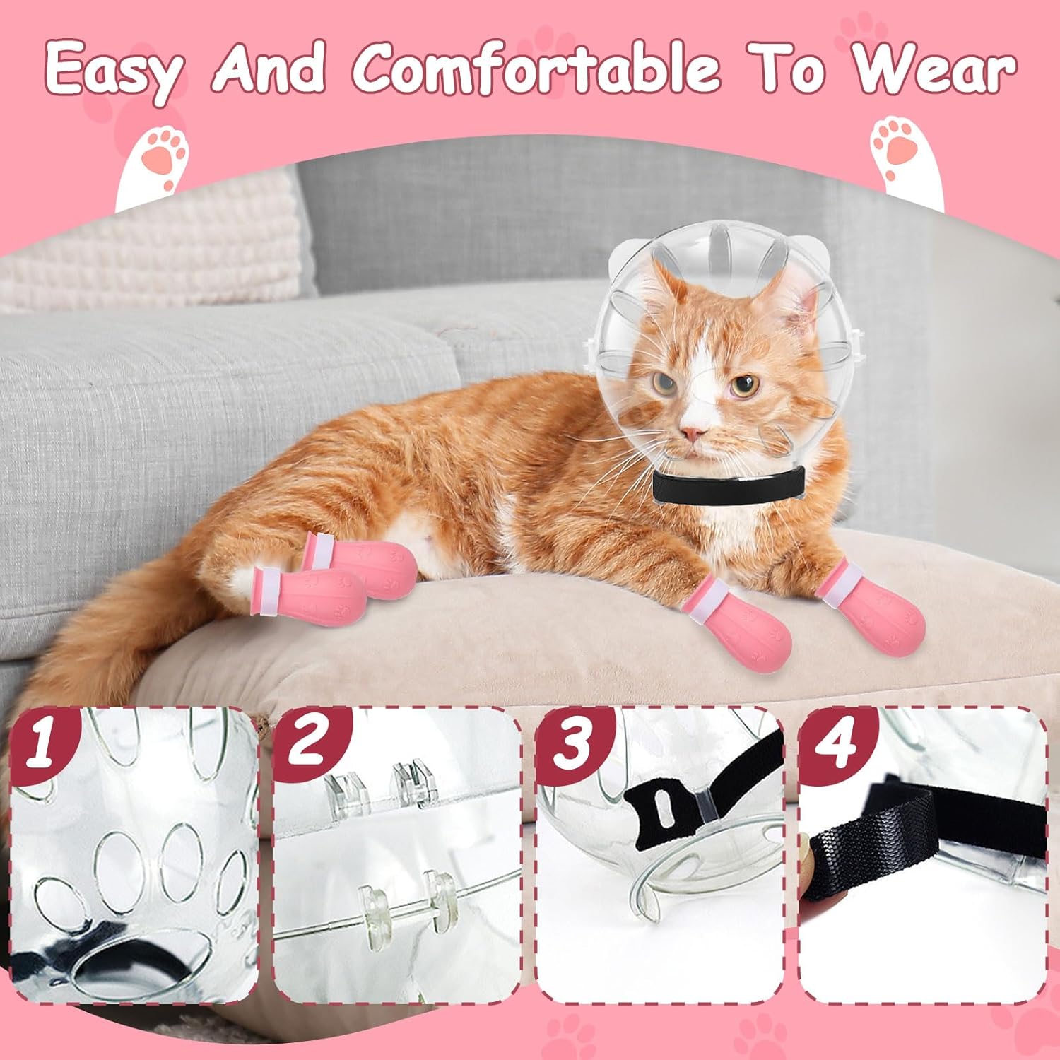 Cat Muzzle and Boots Set, Cat Transparent Muzzle Prevent from Cats Biting Chewing, Breathable Cat Adjustable Hood for Grooming, Adjustable Cat Anti-Scratch Foot Cover for Cats Bathing Nail Trimming - Image 5