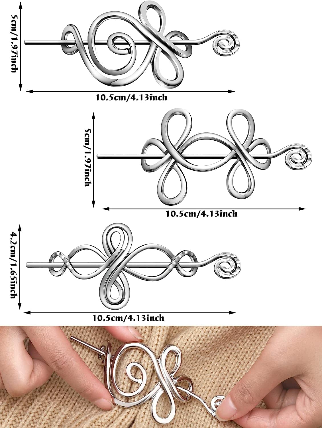 Celtic Shawl Pin 3 Pcs Crossed Knots Budding Spiral Crocheted Scarf Pin Cloak Pin Sweater Brooch for Women Girls Knitter Handmade Cape - Image 7