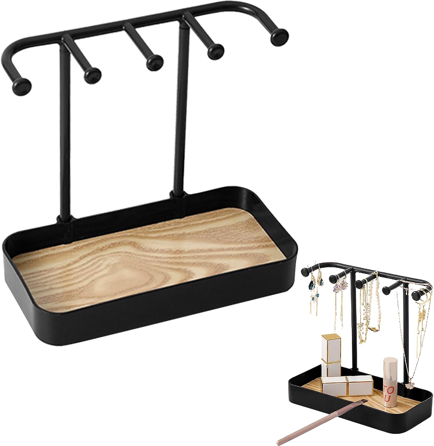 Jewelry Organizer Stand, Necklaces Holder with Wooden Tray, Necklace Display Stand Jewelry Storage Hooks for Necklace, Bracelets, Earrings, Ring, Keys, Watches (Black) - Image 1