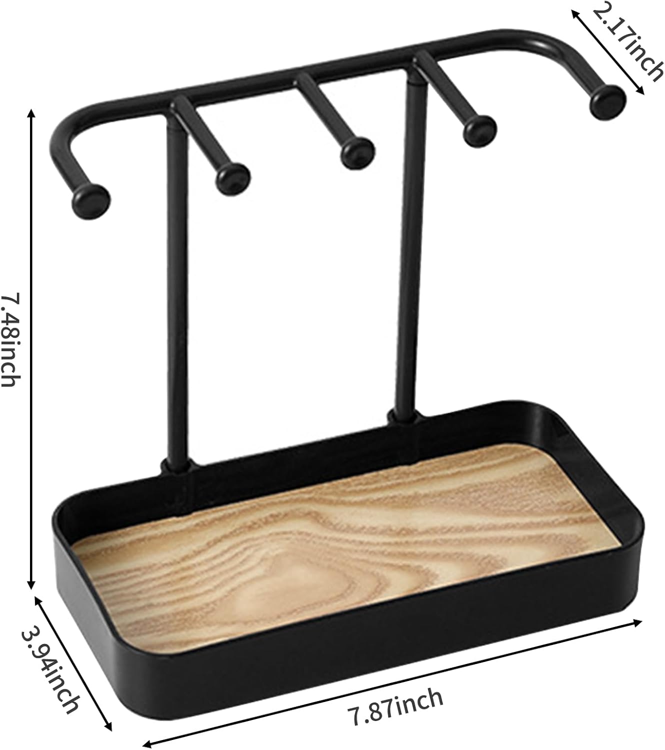 Jewelry Organizer Stand, Necklaces Holder with Wooden Tray, Necklace Display Stand Jewelry Storage Hooks for Necklace, Bracelets, Earrings, Ring, Keys, Watches (Black) - Image 2