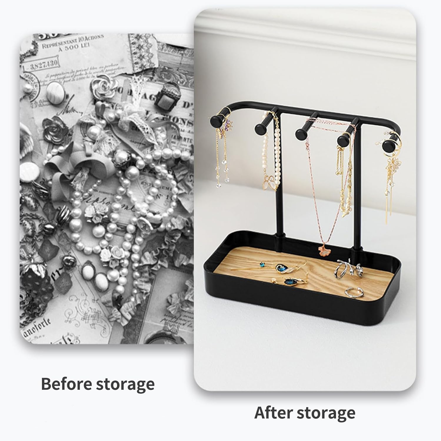 Jewelry Organizer Stand, Necklaces Holder with Wooden Tray, Necklace Display Stand Jewelry Storage Hooks for Necklace, Bracelets, Earrings, Ring, Keys, Watches (Black) - Image 3