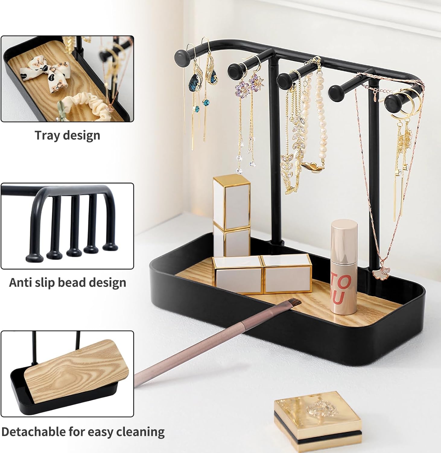 Jewelry Organizer Stand, Necklaces Holder with Wooden Tray, Necklace Display Stand Jewelry Storage Hooks for Necklace, Bracelets, Earrings, Ring, Keys, Watches (Black) - Image 4