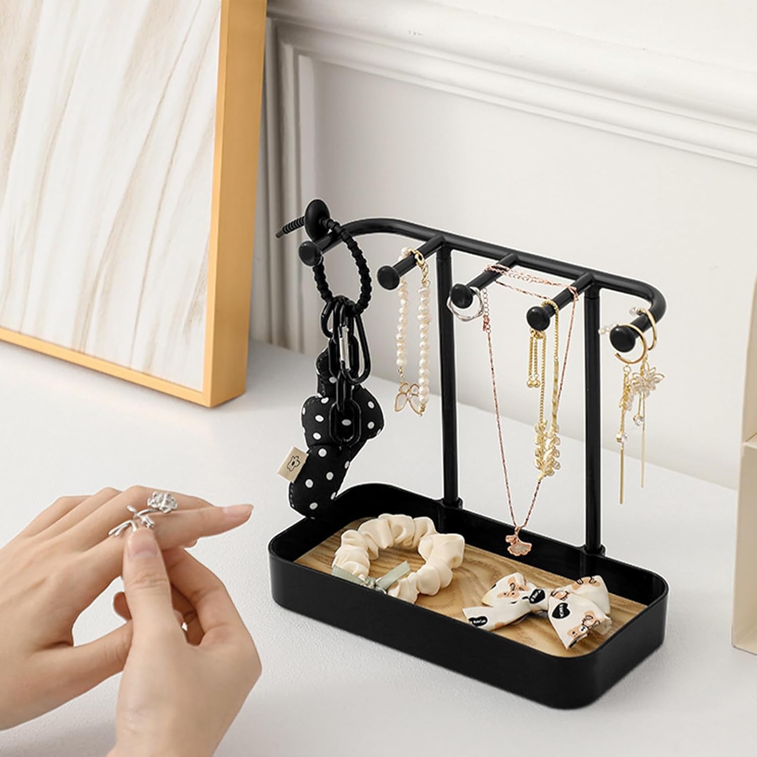 Jewelry Organizer Stand, Necklaces Holder with Wooden Tray, Necklace Display Stand Jewelry Storage Hooks for Necklace, Bracelets, Earrings, Ring, Keys, Watches (Black) - Image 5