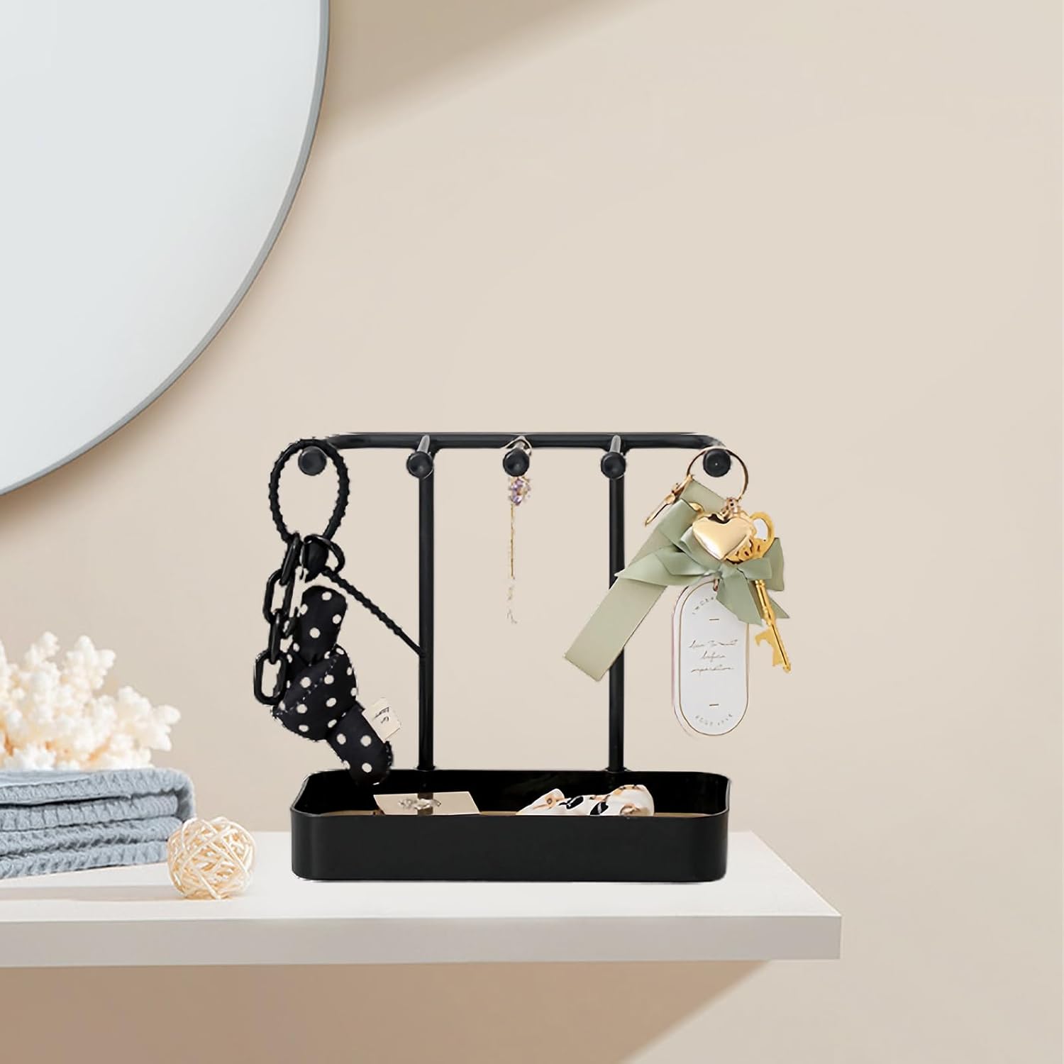 Jewelry Organizer Stand, Necklaces Holder with Wooden Tray, Necklace Display Stand Jewelry Storage Hooks for Necklace, Bracelets, Earrings, Ring, Keys, Watches (Black) - Image 7