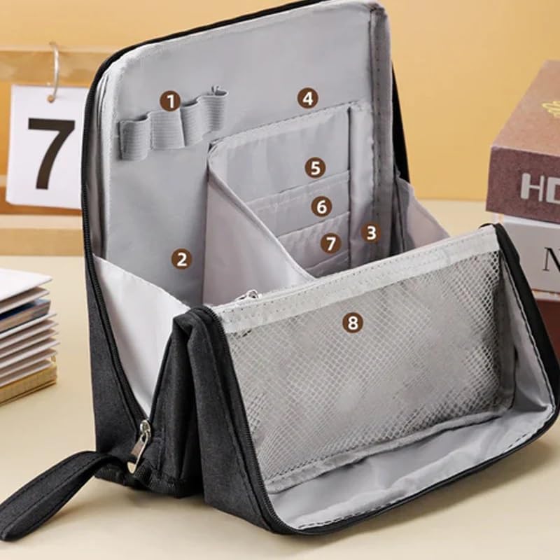 Multi-Purpose Large Capacity Oxford Cloth Standing Makeup Bag – Portable Lightweight Canvas Organizer with Multiple Compartments, Upright Design for Cosmetics & Stationery Storage (Black) - Image 3