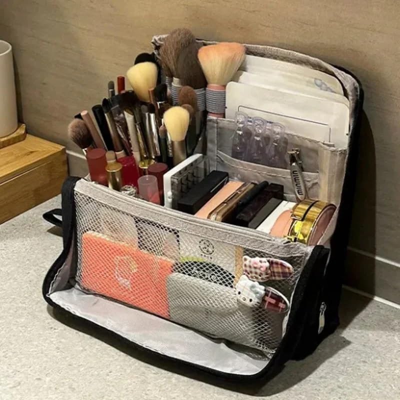 Multi-Purpose Large Capacity Oxford Cloth Standing Makeup Bag – Portable Lightweight Canvas Organizer with Multiple Compartments, Upright Design for Cosmetics & Stationery Storage (Black) - Image 5