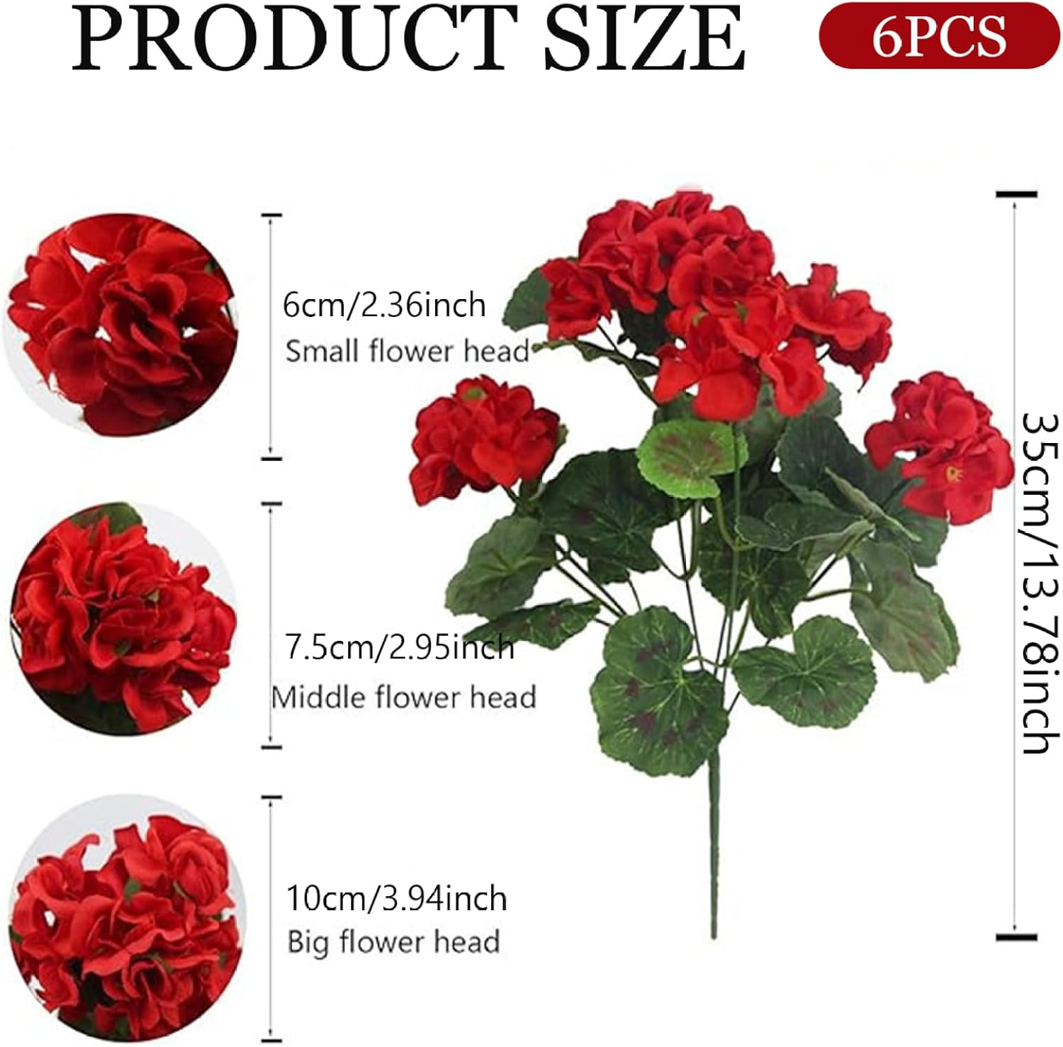 6Pcs Artificial Geraniums 14 Inch Lifelike Artificial Flowers with Adjustable Branches Long Lasting Vibrant Silk Geranium for Indoor, Outdoor, Red - Image 4