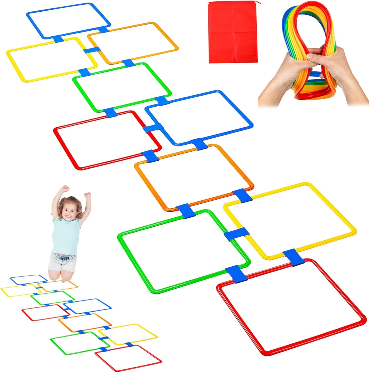 Hopscotch Rings Game, 10Pcs Square Hopscotch Rings 15 Inch Multi-Colored Obstacle Course Fun Play Kids Outdoor Play Equipment Squares, Rug - Image 4