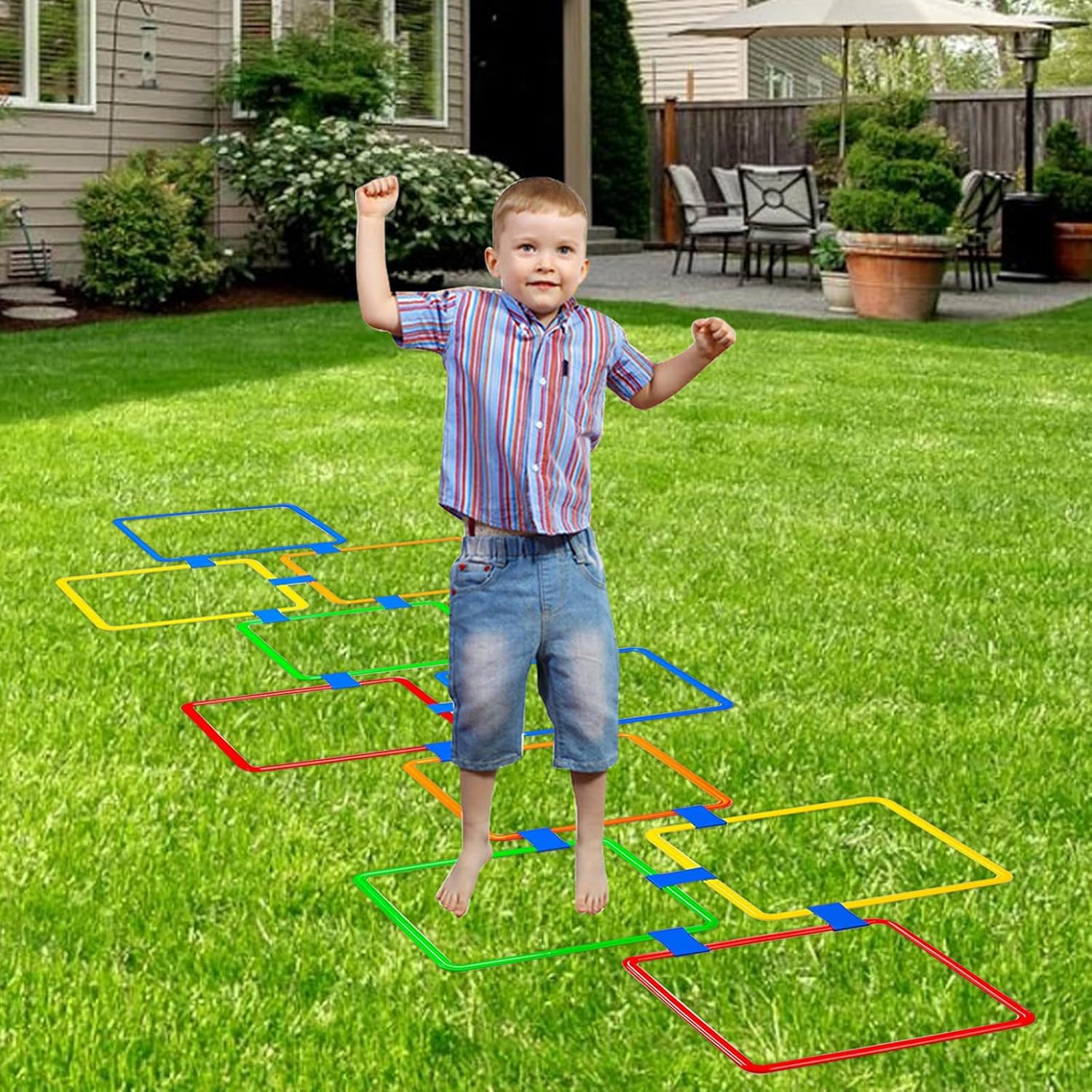 Hopscotch Rings Game, 10Pcs Square Hopscotch Rings 15 Inch Multi-Colored Obstacle Course Fun Play Kids Outdoor Play Equipment Squares, Rug - Image 5