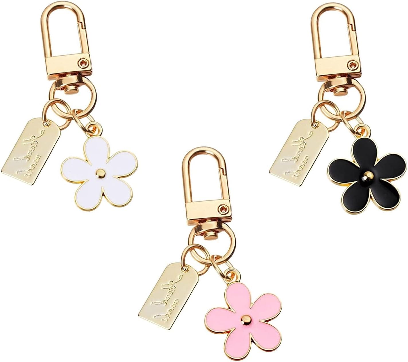 Flower Keychain Set for Women, 3-Piece Chrysanthemum Charm with Metal Sheet, Pink Black White - Image 1