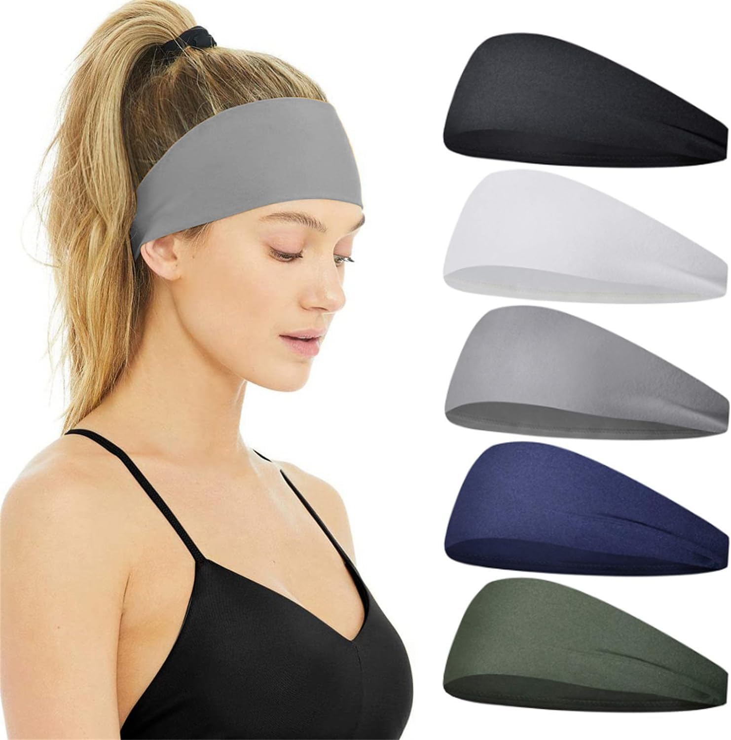 Sports Headbands for Men and Women, Moisture Wicking Sweatbands, 5-Pack, for Running, Cycling, Football, Yoga - Image 4