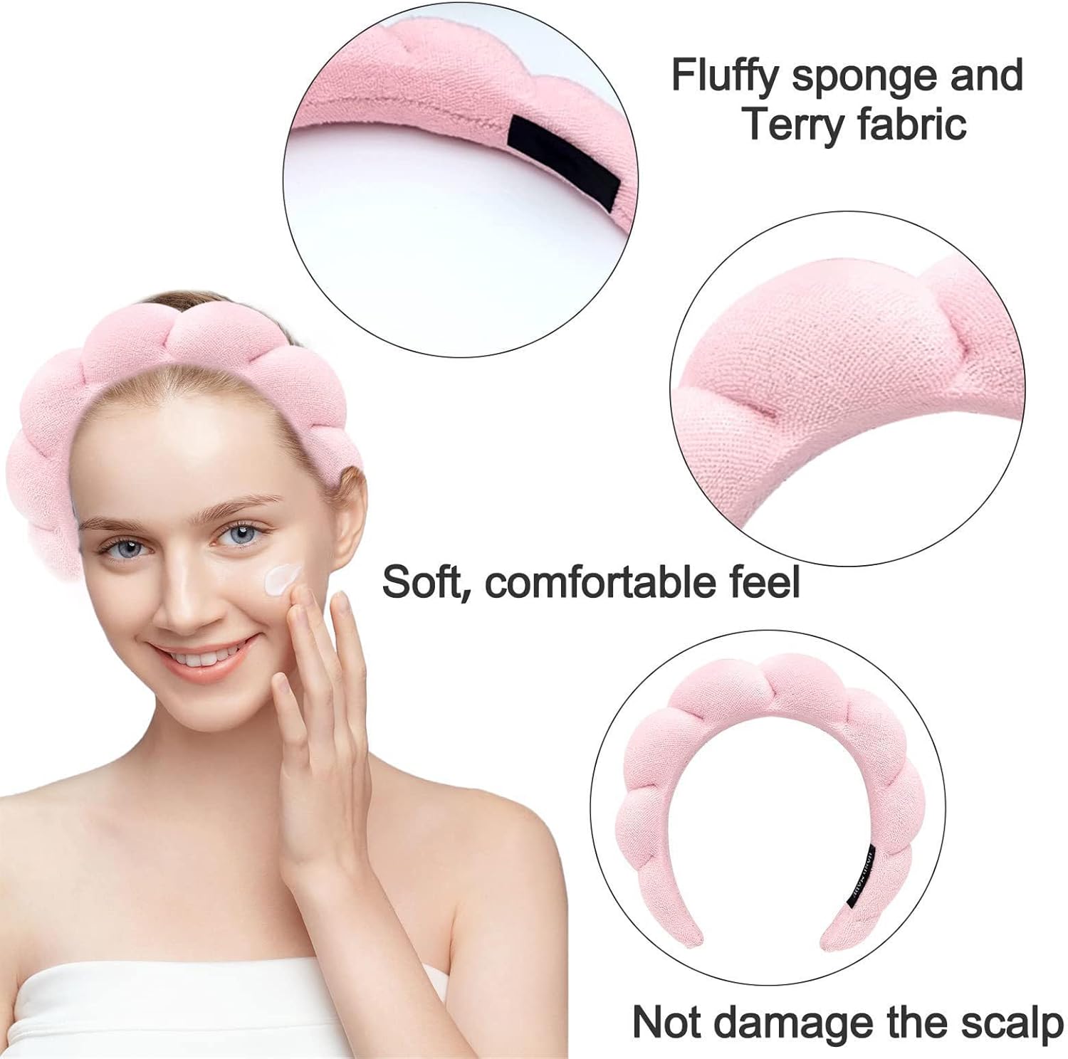 Soft Spa Headband for Women and Girls, Non-Slip Hair Band for Face Washing, Makeup, Shower, Pink - Image 2