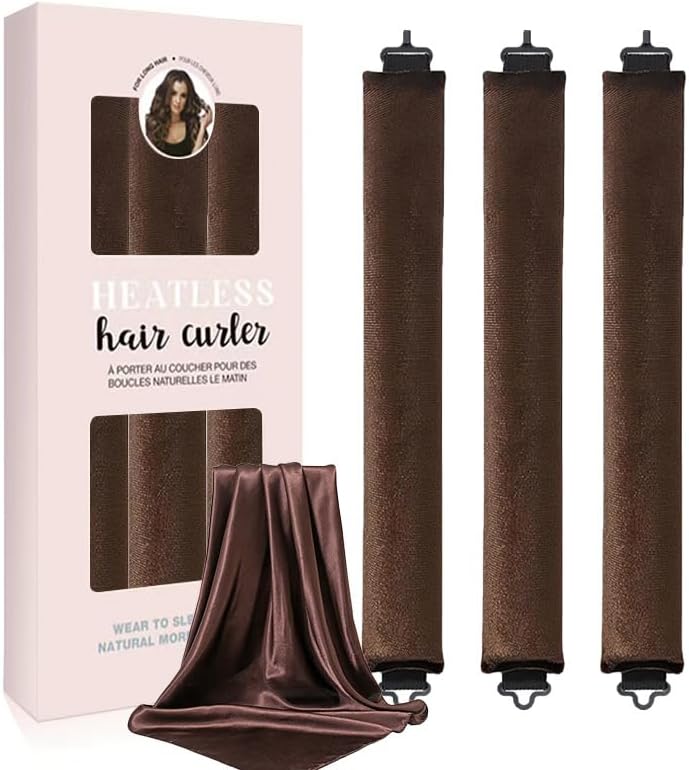 Heatless Hair Curler Set, Satin Overnight Curling Rods, 4-Piece Styling Kit with Hook, Brown - Image 2