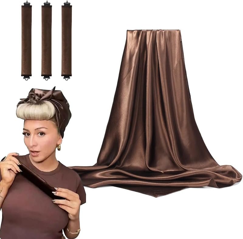 Heatless Hair Curler Set, Satin Overnight Curling Rods, 4-Piece Styling Kit with Hook, Brown - Image 3