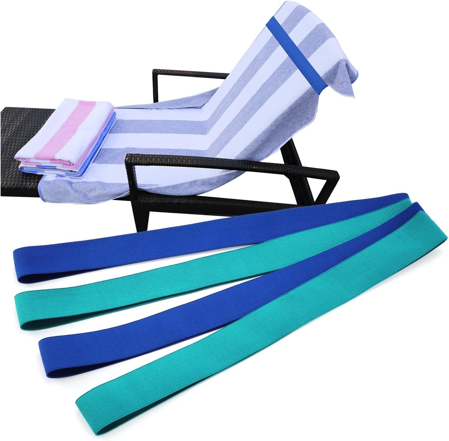 Beach Towel Bands, 38-91 cm Silicone Clips for Pool and Cruise Chairs, Blue and Turquoise, Pack of 4 - Image 1