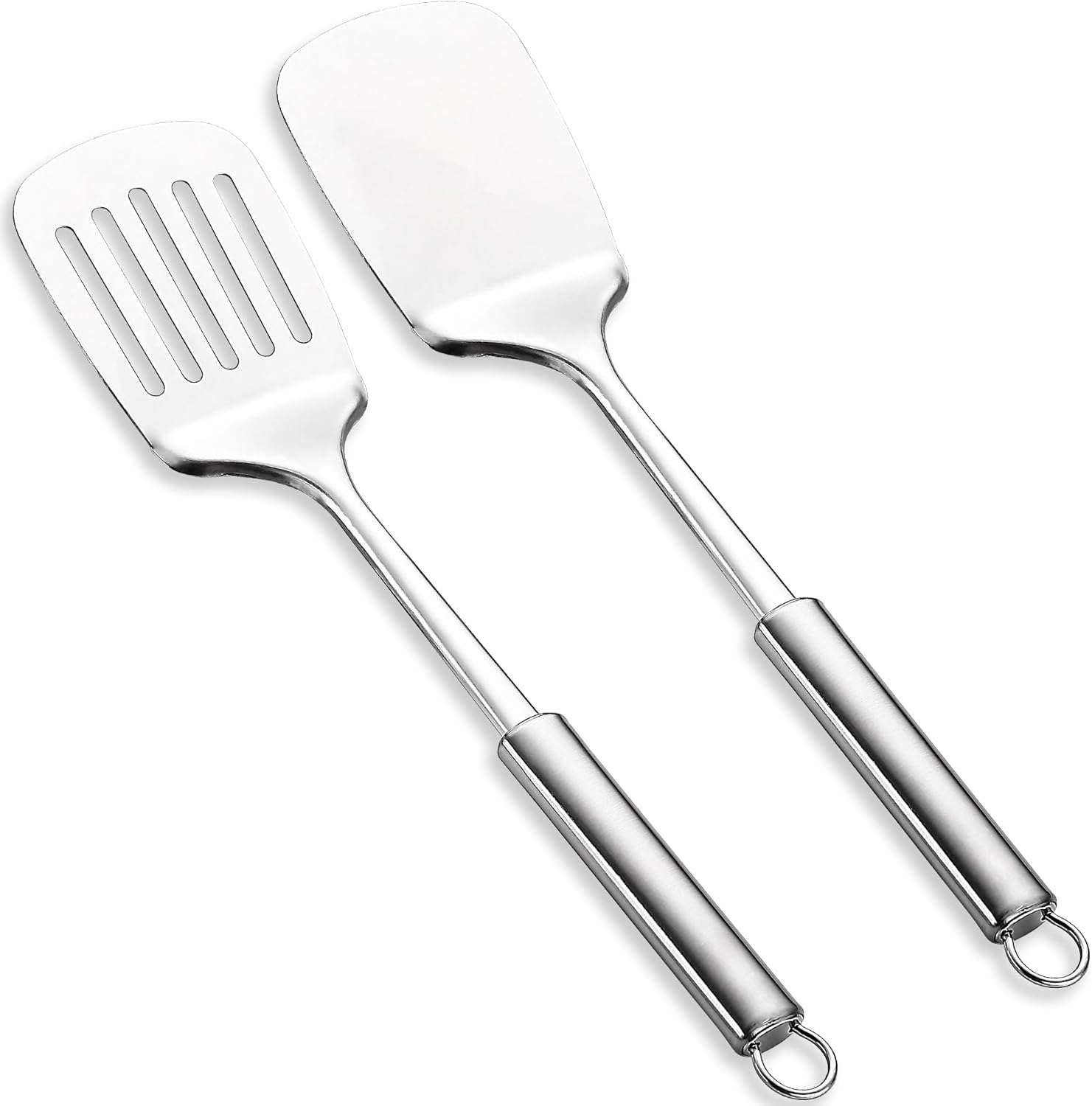 Stainless Steel Spatulas Set,  Silver Slotted Turner, Solid Turner, Heavy Duty Sturdy Kitchen Spatula High Heat Resistant, Ideal Cookware for Fish,Eggs,Pancakes, Dishwasher Safe, Easy to Clean - Image 1