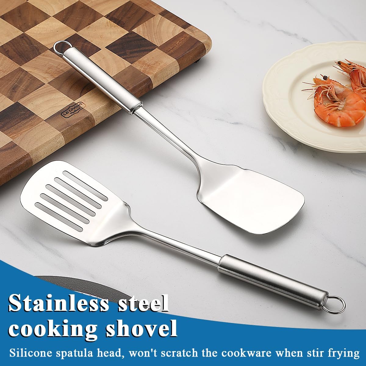 Stainless Steel Spatulas Set,  Silver Slotted Turner, Solid Turner, Heavy Duty Sturdy Kitchen Spatula High Heat Resistant, Ideal Cookware for Fish,Eggs,Pancakes, Dishwasher Safe, Easy to Clean - Image 3
