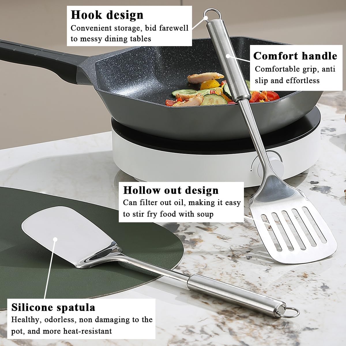 Stainless Steel Spatulas Set,  Silver Slotted Turner, Solid Turner, Heavy Duty Sturdy Kitchen Spatula High Heat Resistant, Ideal Cookware for Fish,Eggs,Pancakes, Dishwasher Safe, Easy to Clean - Image 5