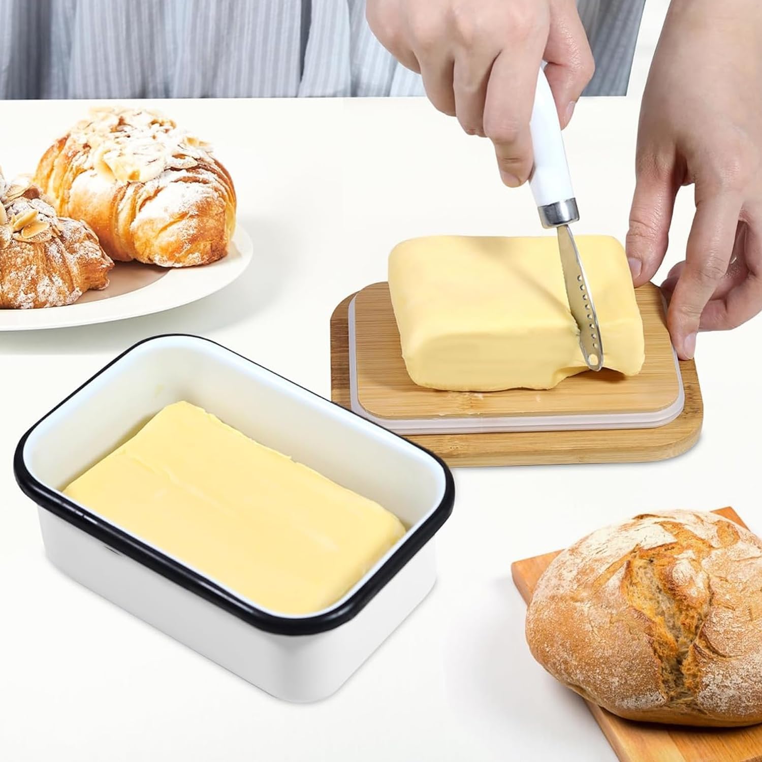 Butter Dish with Lid for Countertop, AISBUGUR Metal Butter Keeper, Includes Stainless Steel Multipurpose Butter Knife, Large Silicone-Enhanced Butter Container, Perfect Kitchen Gift - White - Image 7