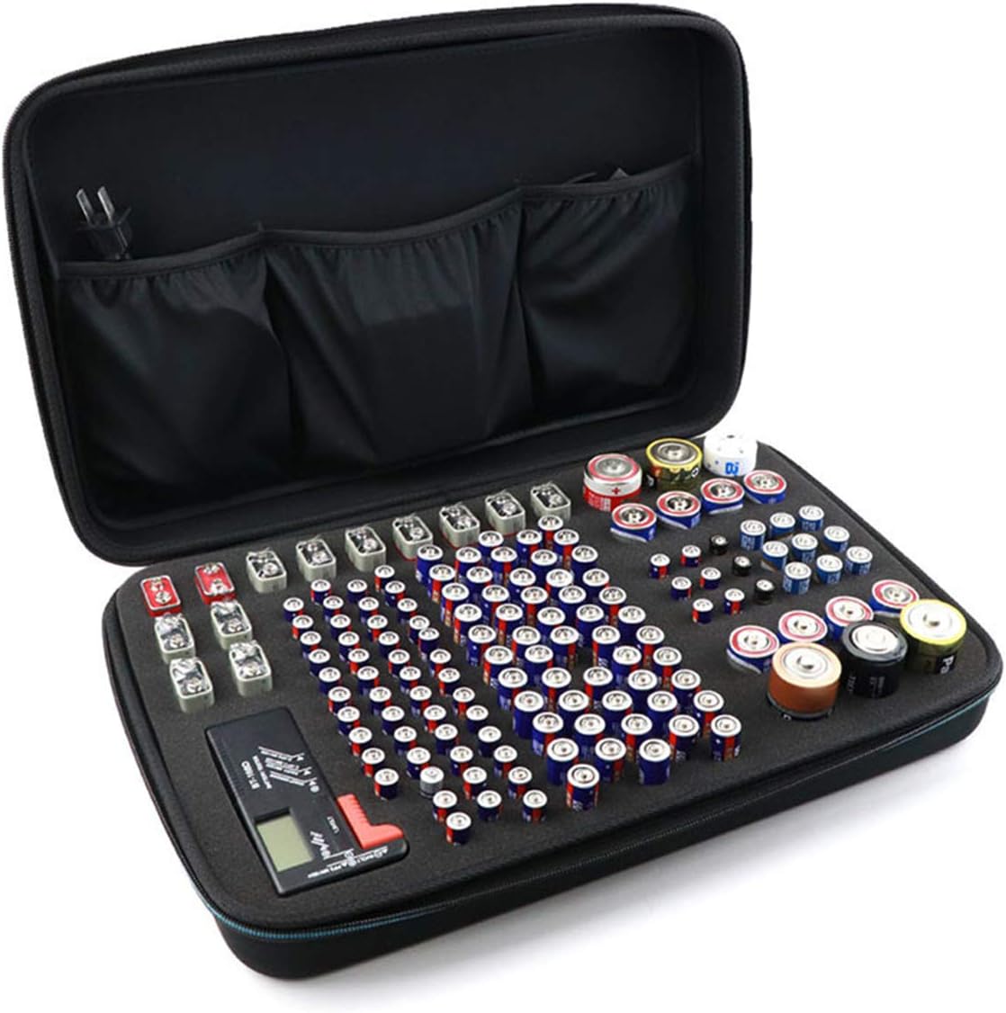 Black EVA Battery Organizer Case with Zipper - Holds 146 Batteries (6D 8C 13 9V 61AA 58AAA) - 42x26.5x9.5cm - Image 3