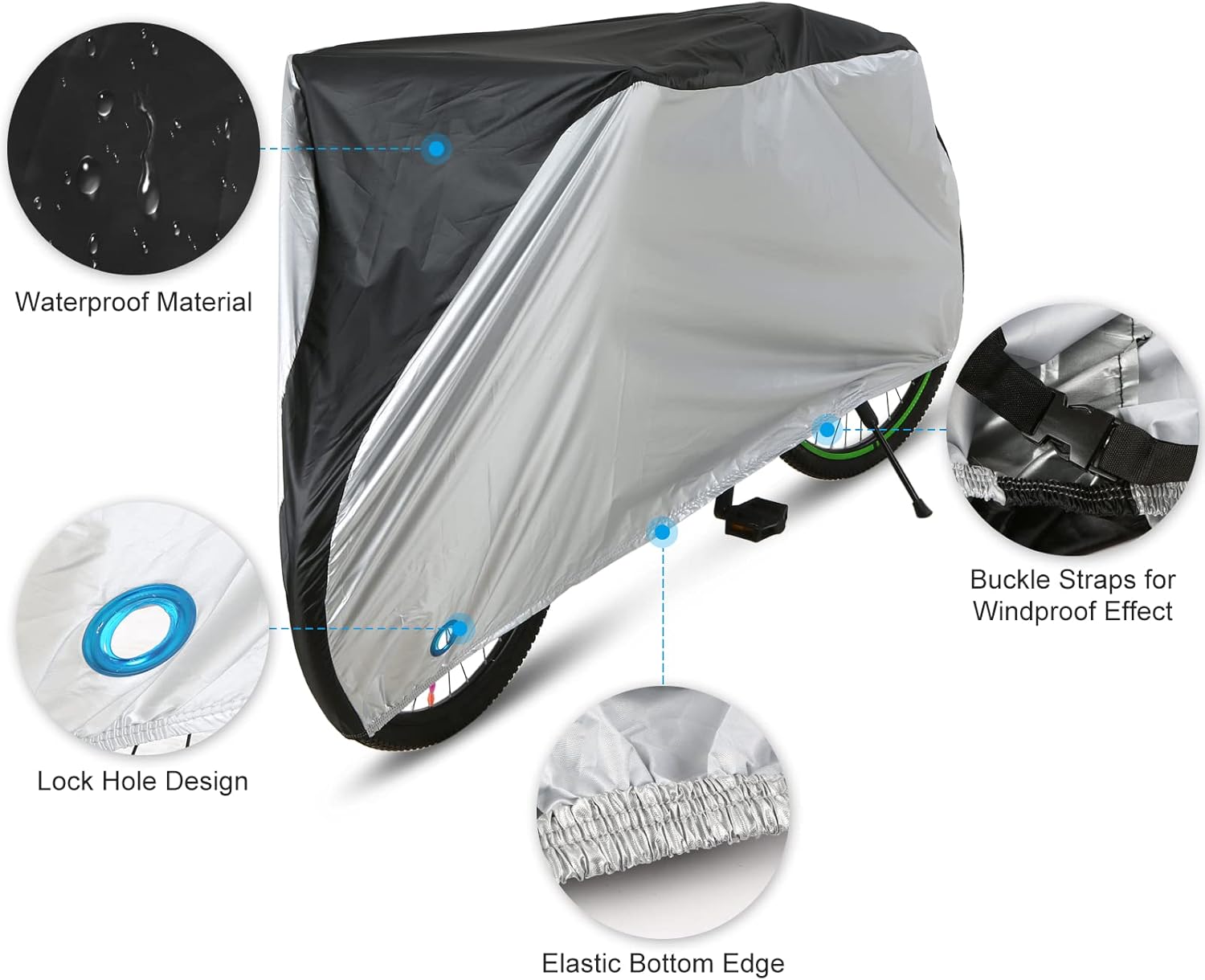 Silver-Coated 190T Polyester Cover for 20/24/26/29 Inch Bikes - Black/Black&Silver, S/M/L/XL Sizes, Weatherproof with Quick-Release Buckle & Lock Hole - Image 6