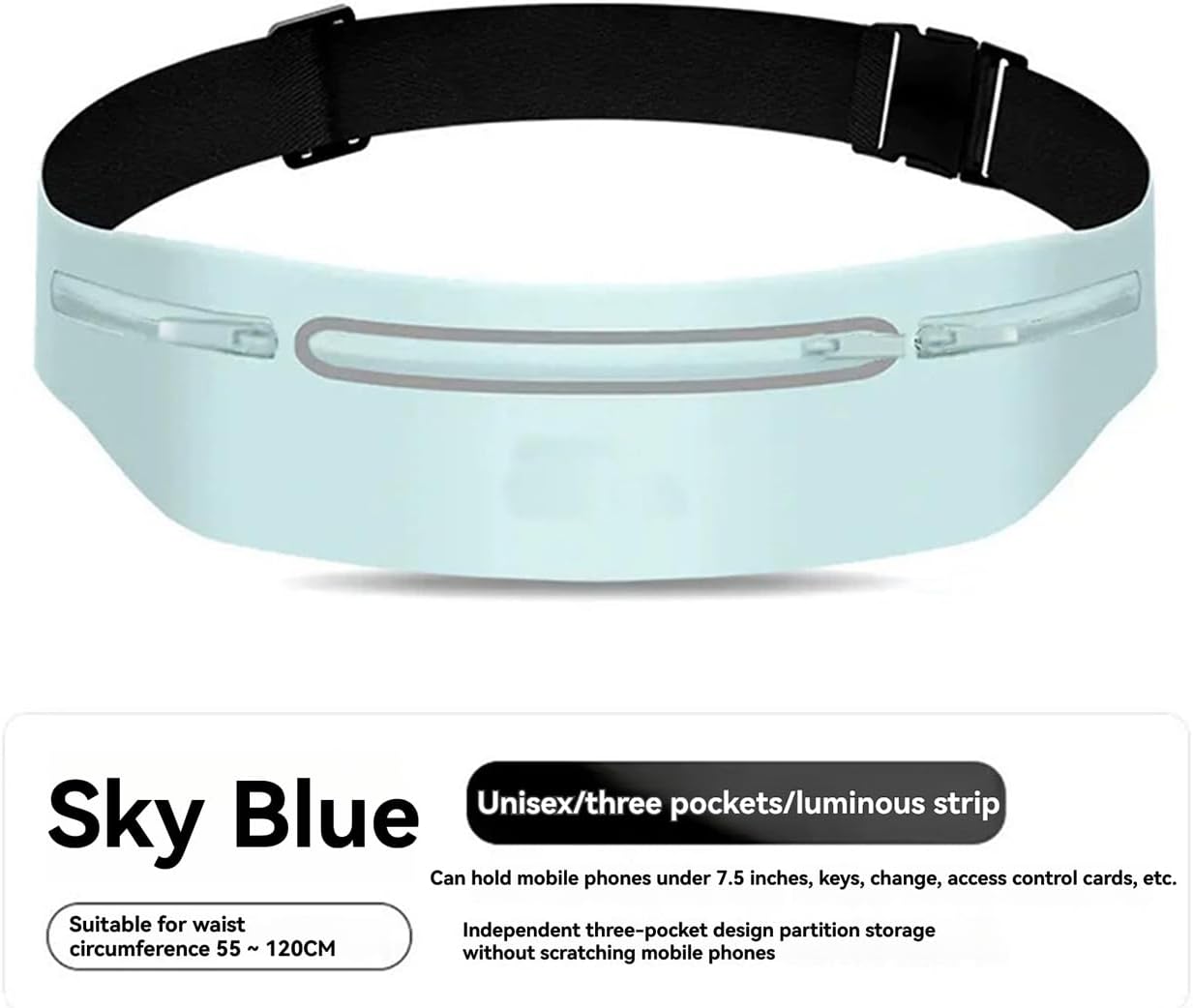 Waterproof Sports Waist Pack with 3 Zippered Compartments for Running, Gym, Hiking - Adjustable 55-120cm Belt, Fits 7.5