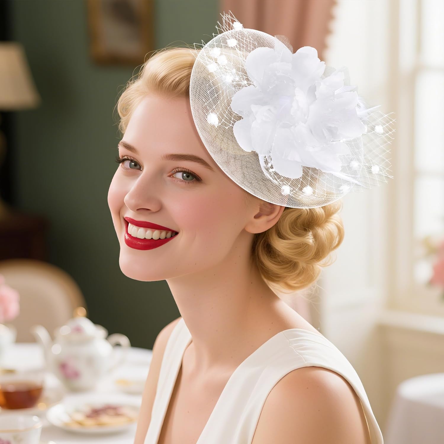 20s Fascinators Hat for Women Tea Party Headpiece Mesh Feathers Hair Clip for Bridal Wedding - Image 5