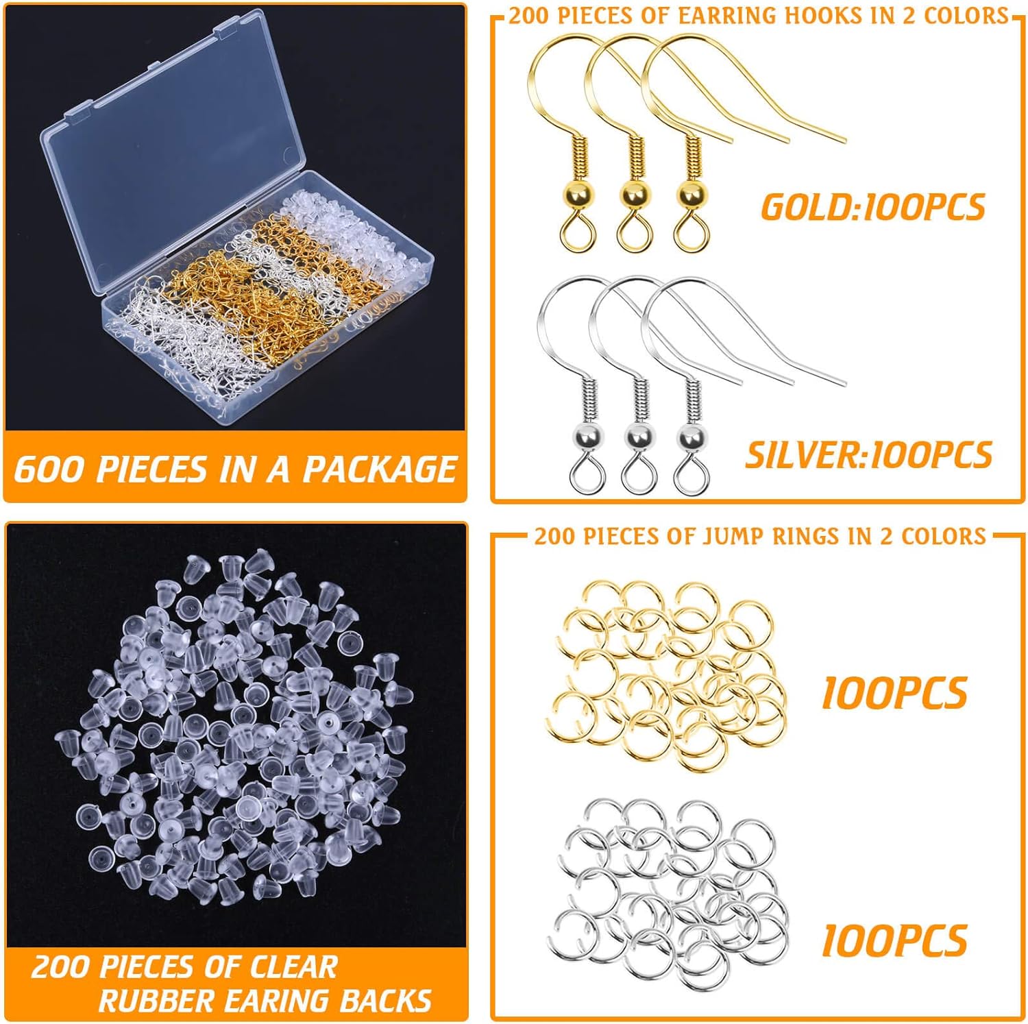Hypoallergenic Earring Hooks, 600Pcs Earring Making Kit with Earring Hooks, Jump Rings and Clear Rubber Earring Backs for DIY Jewelry Making - Image 2