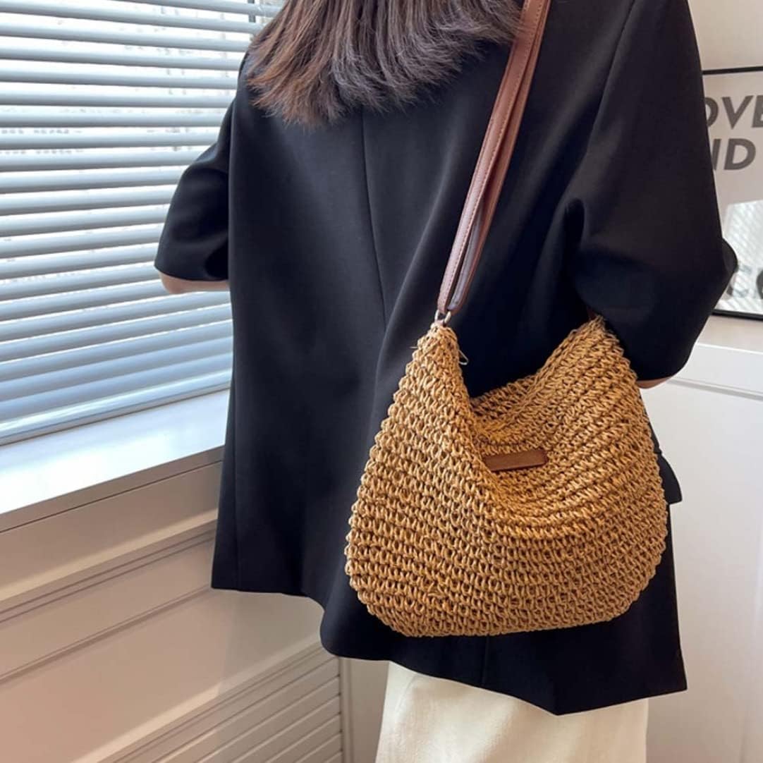 Straw Beach Bag, Summer Straw Bag Female Fashion Braided Single Shoulder Crossbody Bag All-Match Beach Bag - Image 5