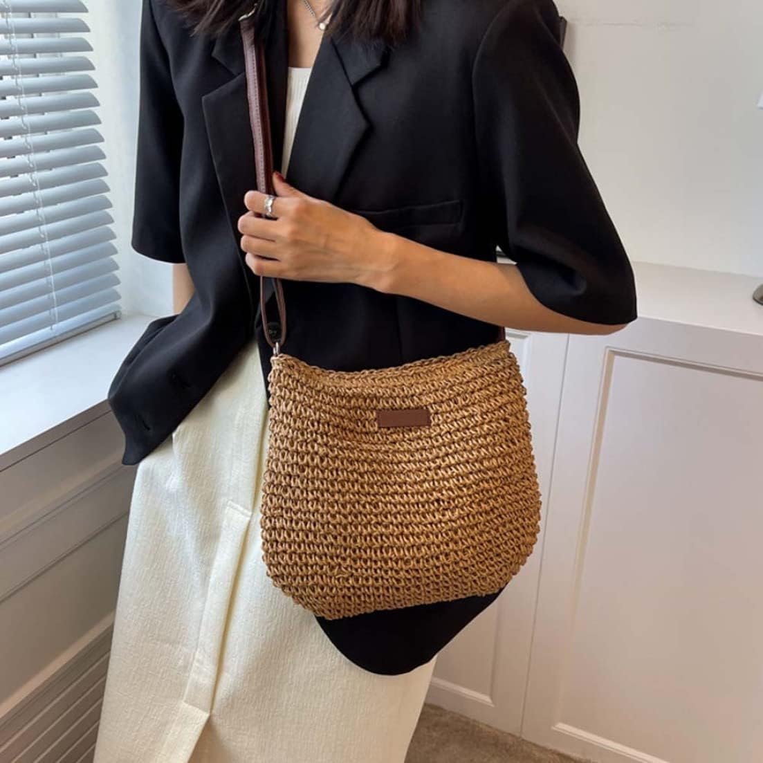 Straw Beach Bag, Summer Straw Bag Female Fashion Braided Single Shoulder Crossbody Bag All-Match Beach Bag - Image 6