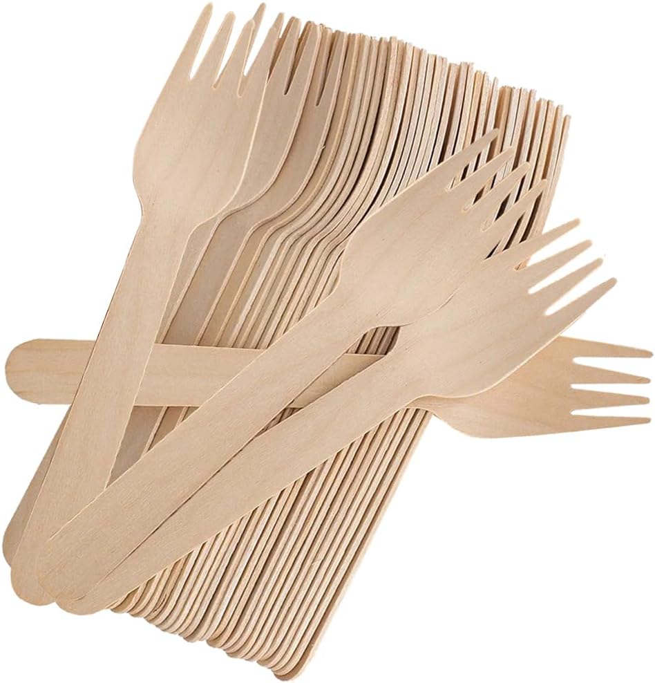 100 PCS Disposable Wooden Forks, 6.7 Inch, Polished Wooden Cutlery, Eco-Friendly, Biodegradable, Perfect for Parties, Weddings, Camping, Dinner Events - Image 1