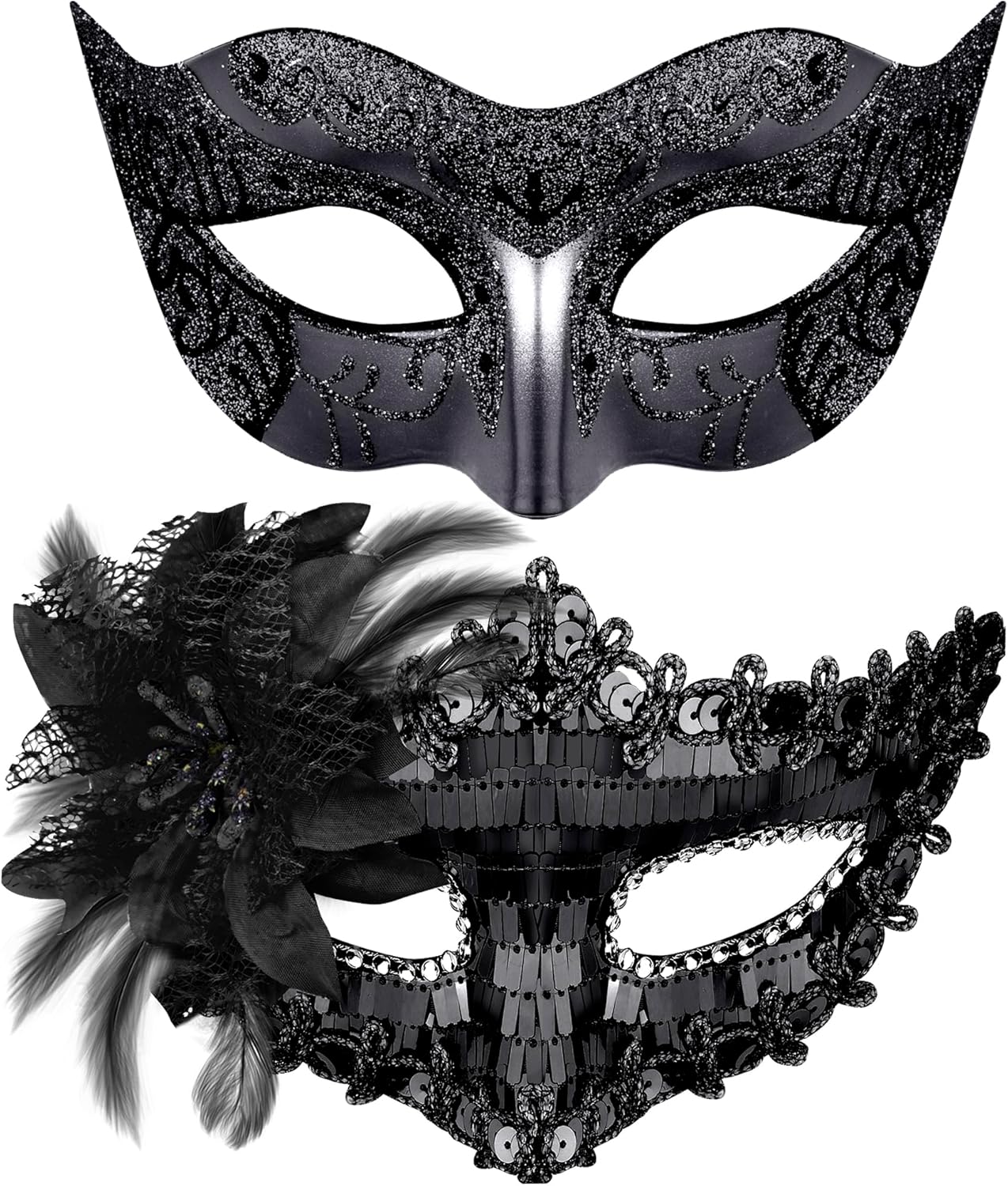 Couple Masquerade Masks Sequins Venetian Party Mask Plastic Costume Mask Rhinestone Mardi Gras Mask for Couples, Black - Image 1