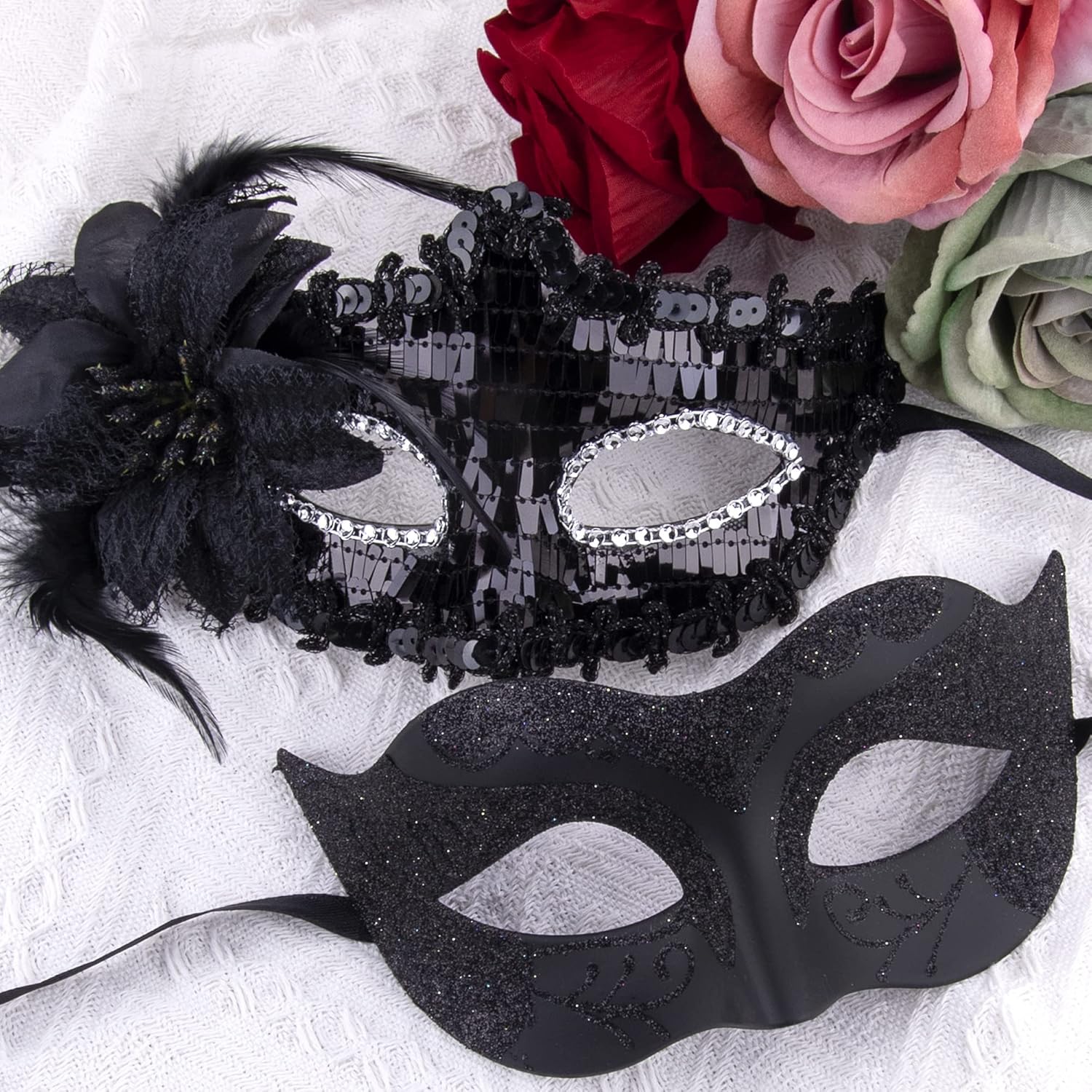 Couple Masquerade Masks Sequins Venetian Party Mask Plastic Costume Mask Rhinestone Mardi Gras Mask for Couples, Black - Image 4