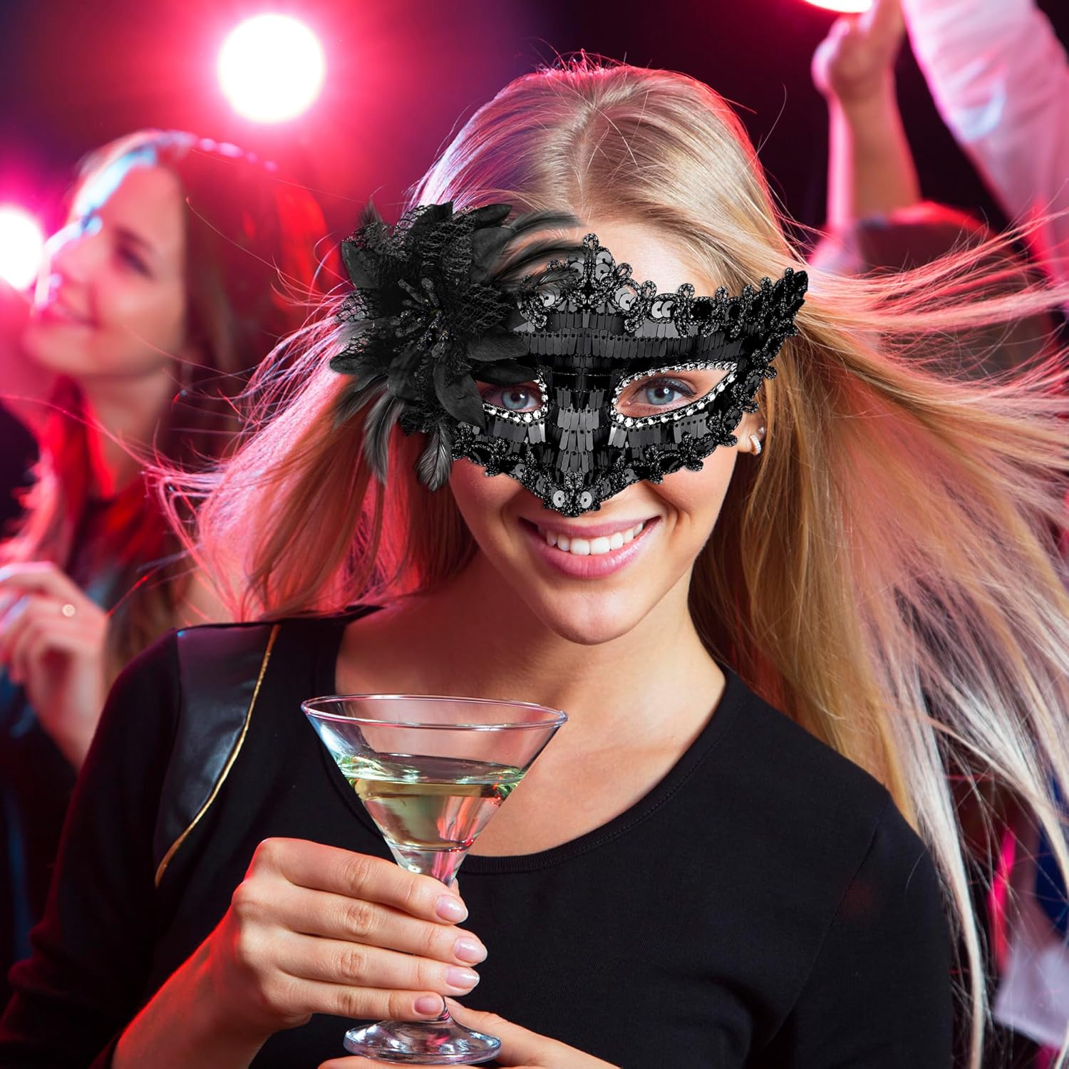 Couple Masquerade Masks Sequins Venetian Party Mask Plastic Costume Mask Rhinestone Mardi Gras Mask for Couples, Black - Image 6