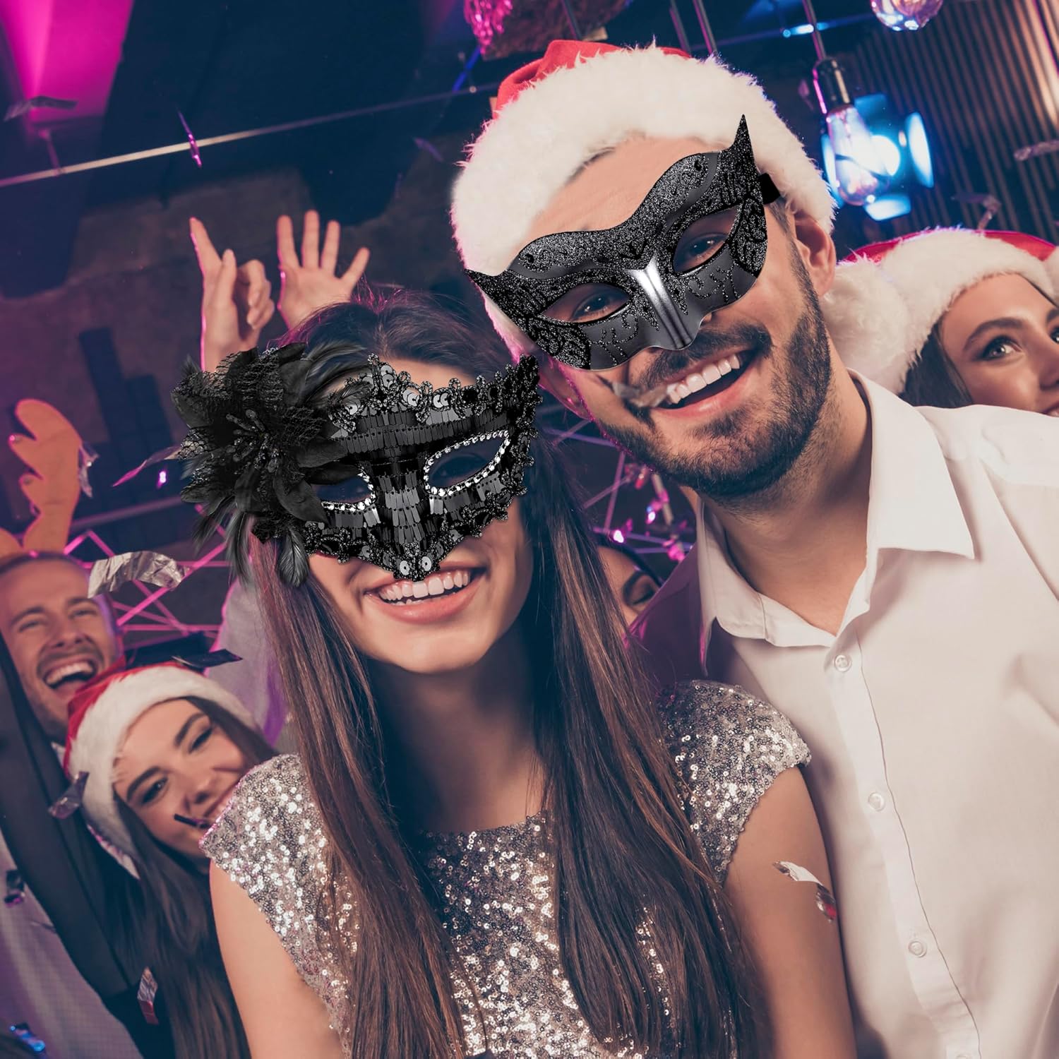 Couple Masquerade Masks Sequins Venetian Party Mask Plastic Costume Mask Rhinestone Mardi Gras Mask for Couples, Black - Image 7