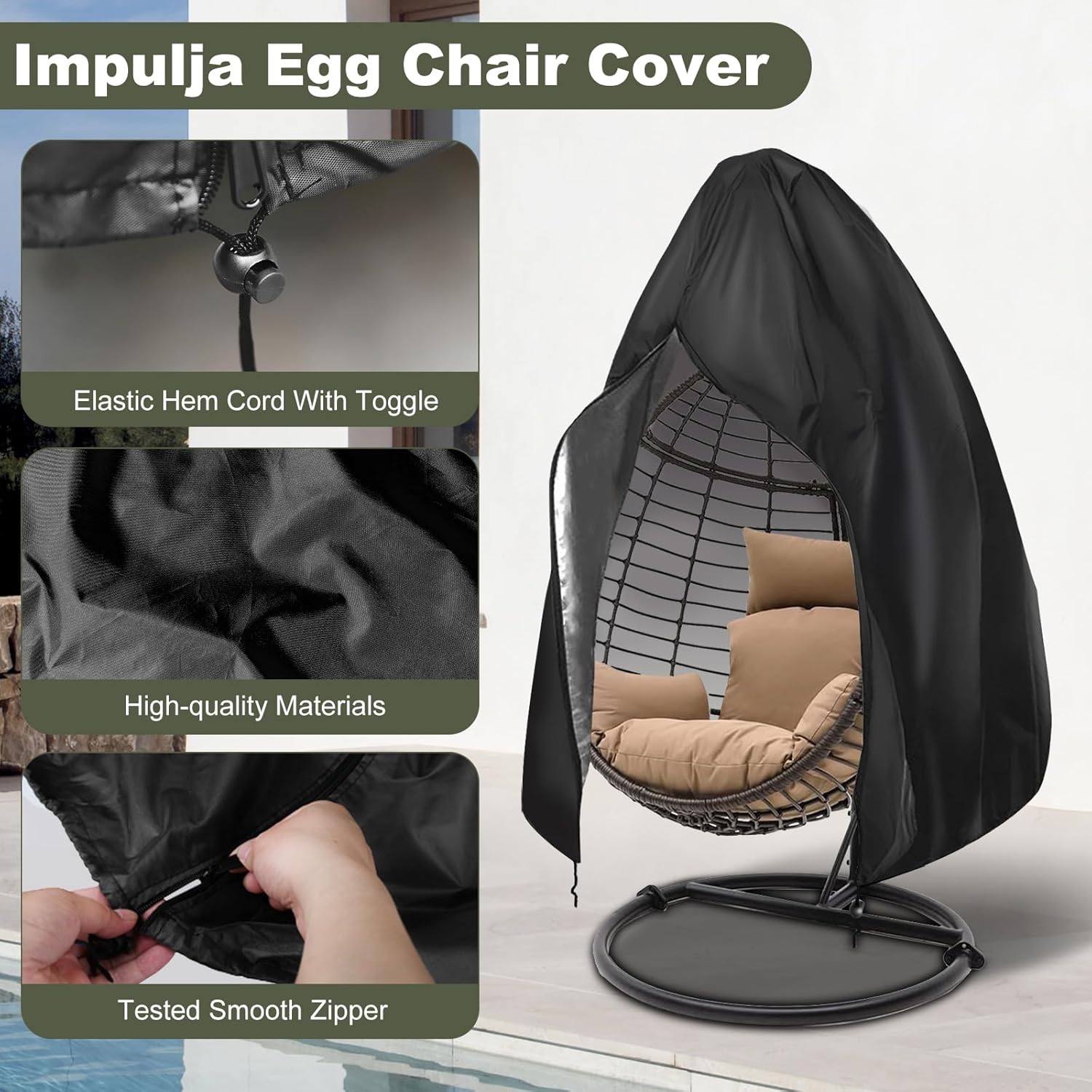 【2025 Upgrade】420D Patio Egg Chair Cover with Zipper,Outdoor Hanging Egg Chair Cover,UV Resistant,Windproof Heavy Duty,Wicker Egg Swing Chair Covers,Fits Single Seat Egg Chair,75