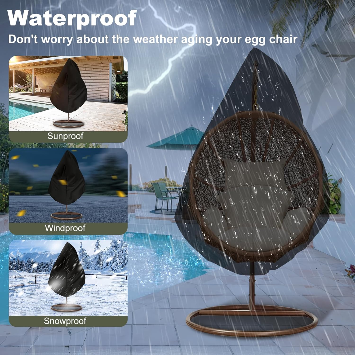 【2025 Upgrade】420D Patio Egg Chair Cover with Zipper,Outdoor Hanging Egg Chair Cover,UV Resistant,Windproof Heavy Duty,Wicker Egg Swing Chair Covers,Fits Single Seat Egg Chair,75