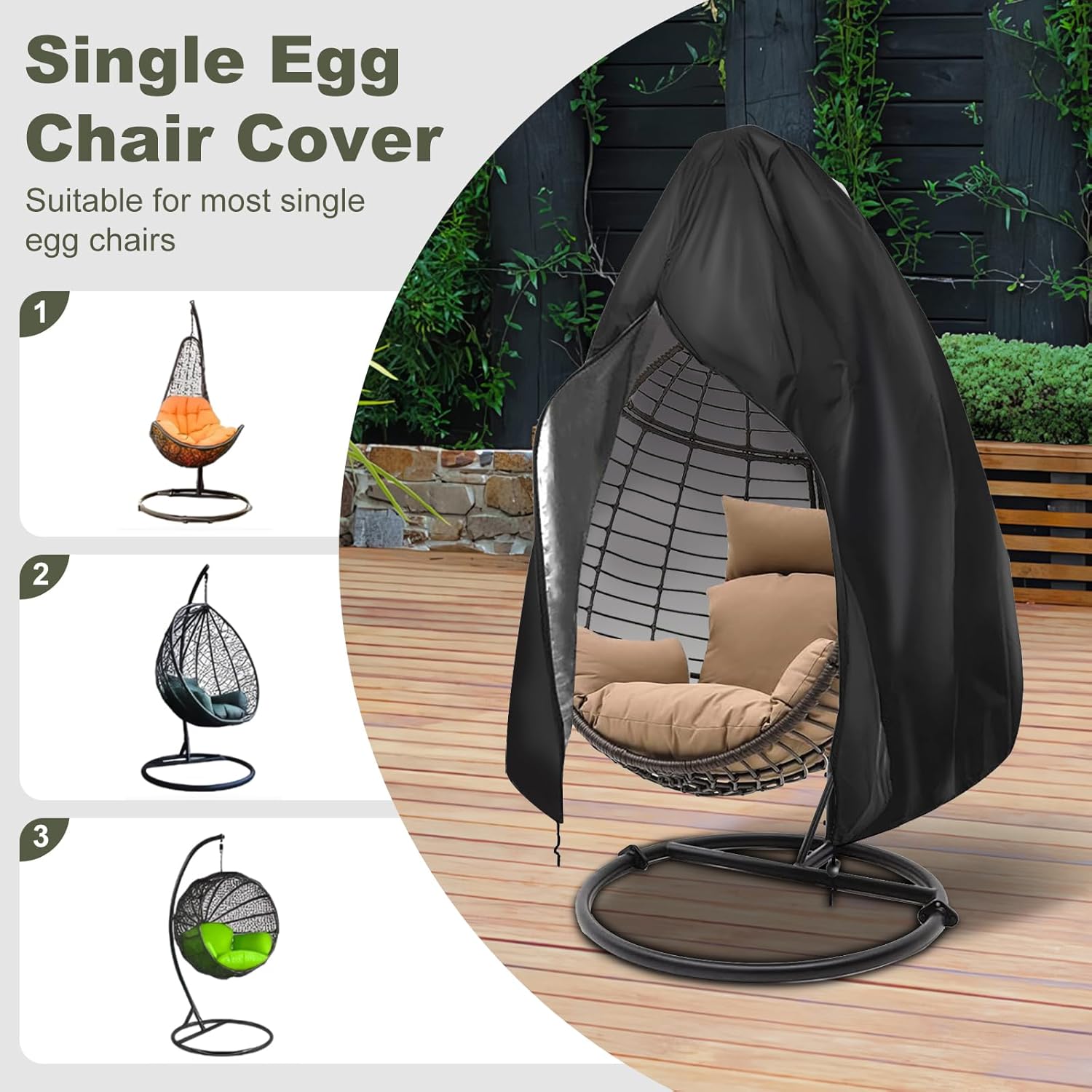 【2025 Upgrade】420D Patio Egg Chair Cover with Zipper,Outdoor Hanging Egg Chair Cover,UV Resistant,Windproof Heavy Duty,Wicker Egg Swing Chair Covers,Fits Single Seat Egg Chair,75