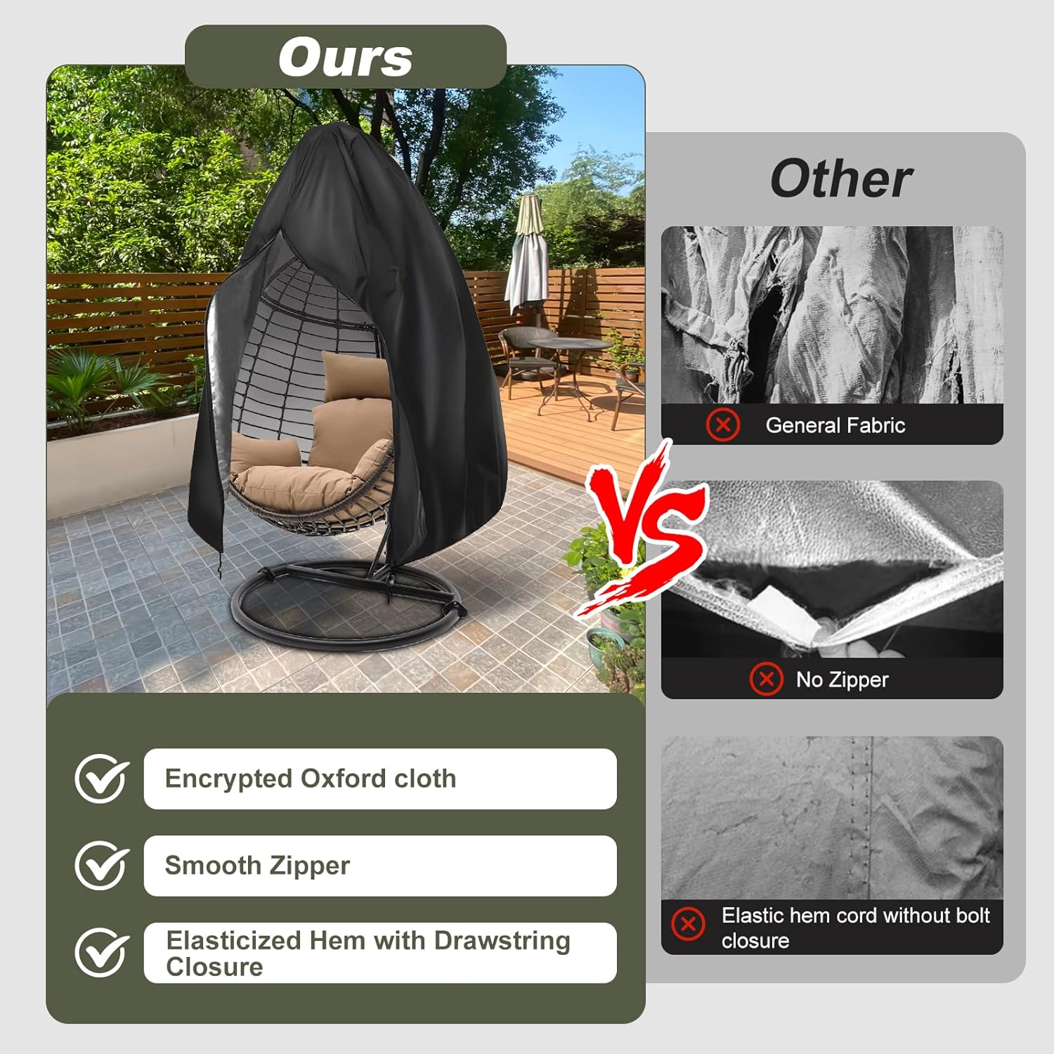 【2025 Upgrade】420D Patio Egg Chair Cover with Zipper,Outdoor Hanging Egg Chair Cover,UV Resistant,Windproof Heavy Duty,Wicker Egg Swing Chair Covers,Fits Single Seat Egg Chair,75