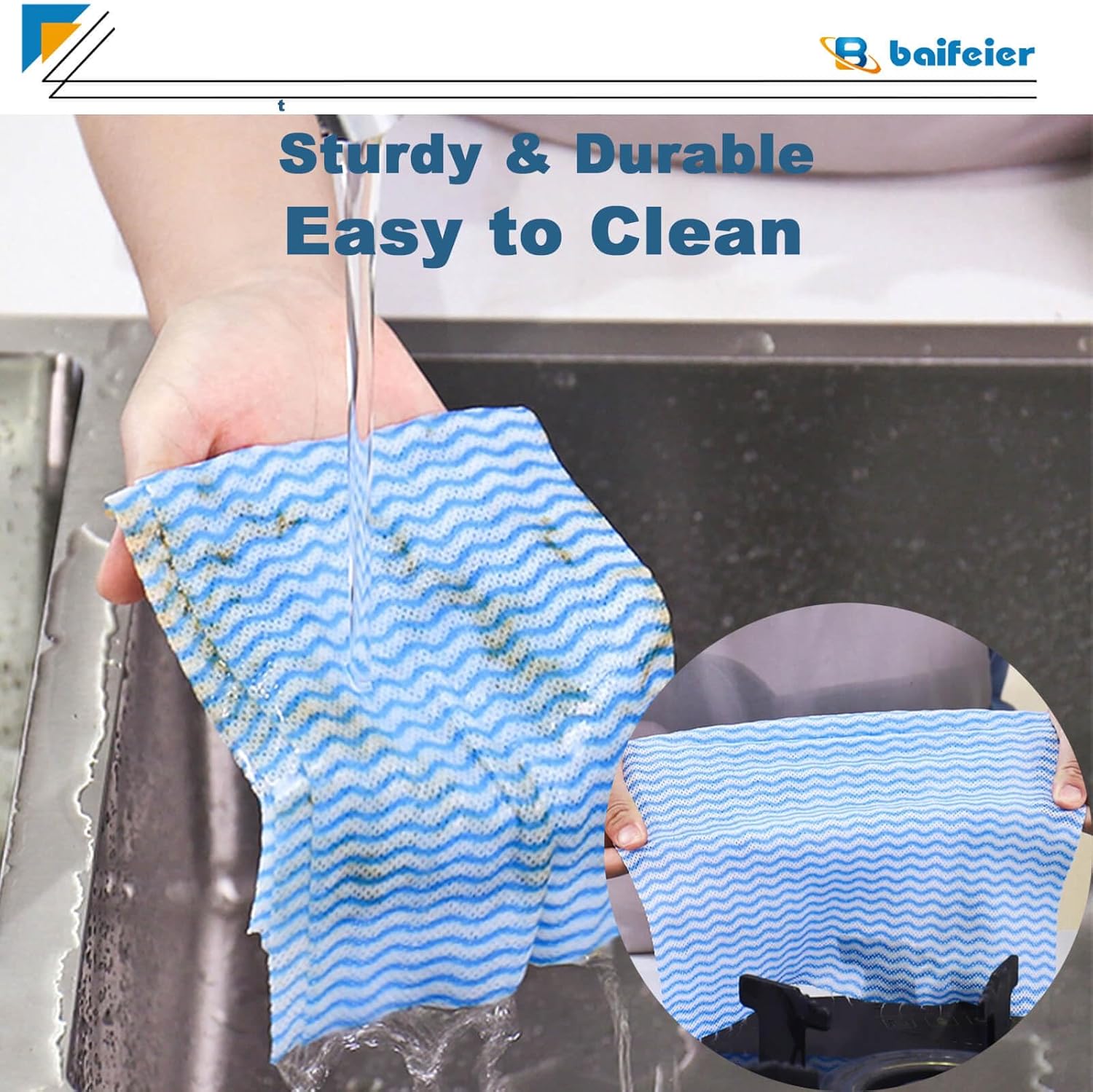 200 Counts Dish Cloths Kitchen Reusable, Disposable Cleaning Towels and Dish Cloths, Cleaning Rags Wipes Disposable,100 Count/Roll, Blue - Image 4